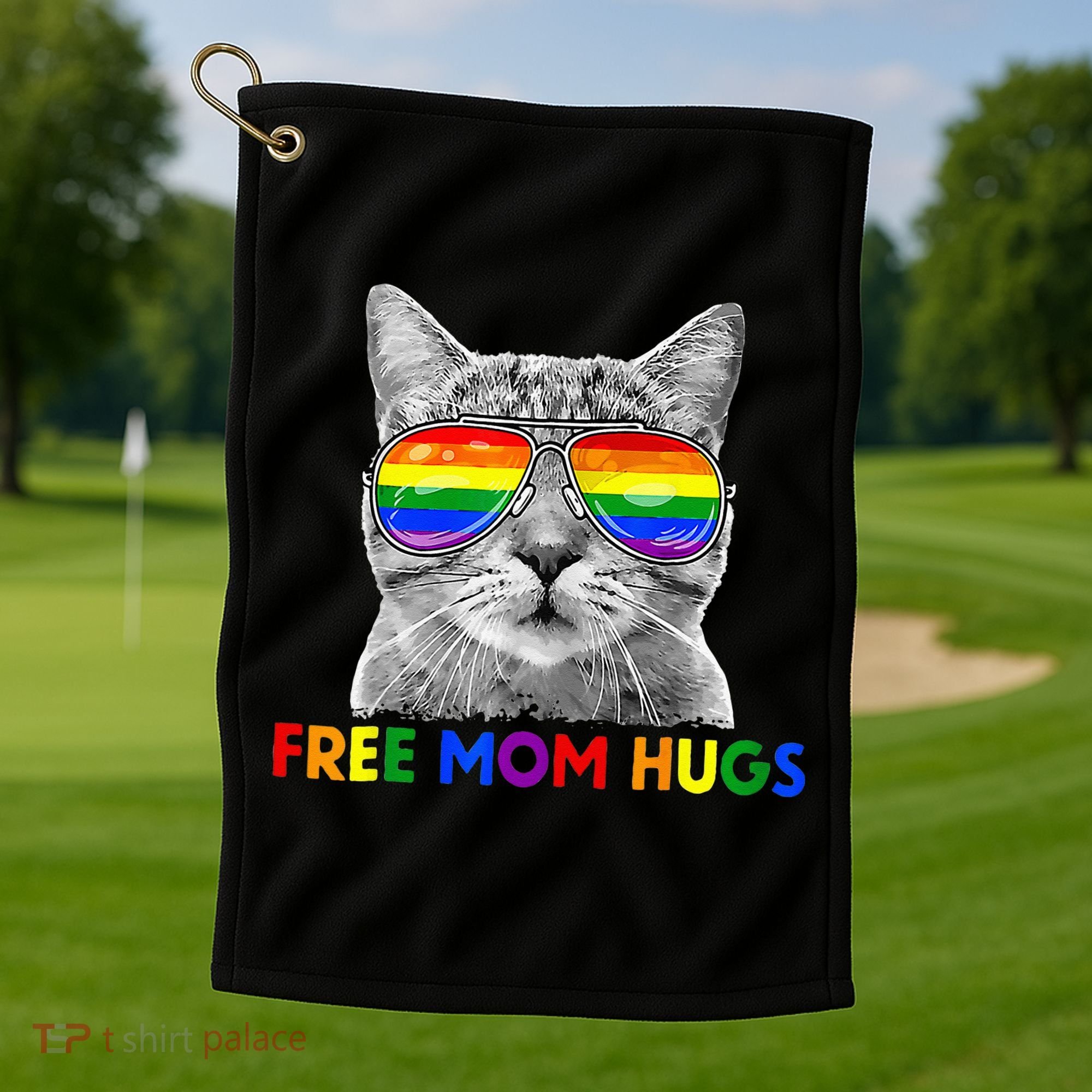 Free Mom Hugs Purride Proud Ally Cat Rainbow Flag LGBT Pride Golf Towel