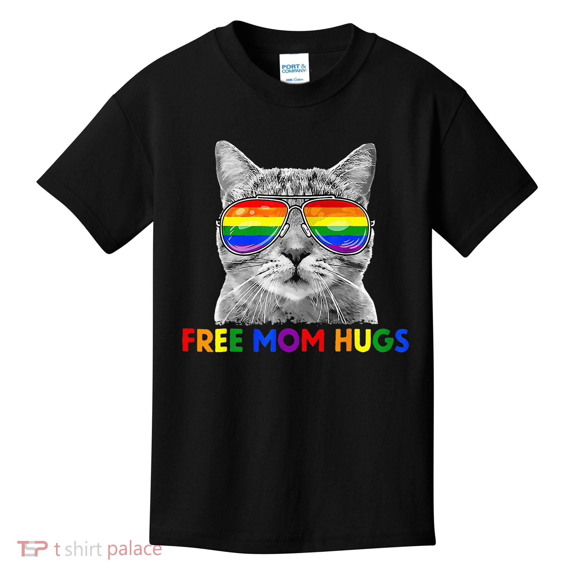Free Mom Hugs Purride Proud Ally Cat Rainbow Flag LGBT Pride Kids T-Shirt