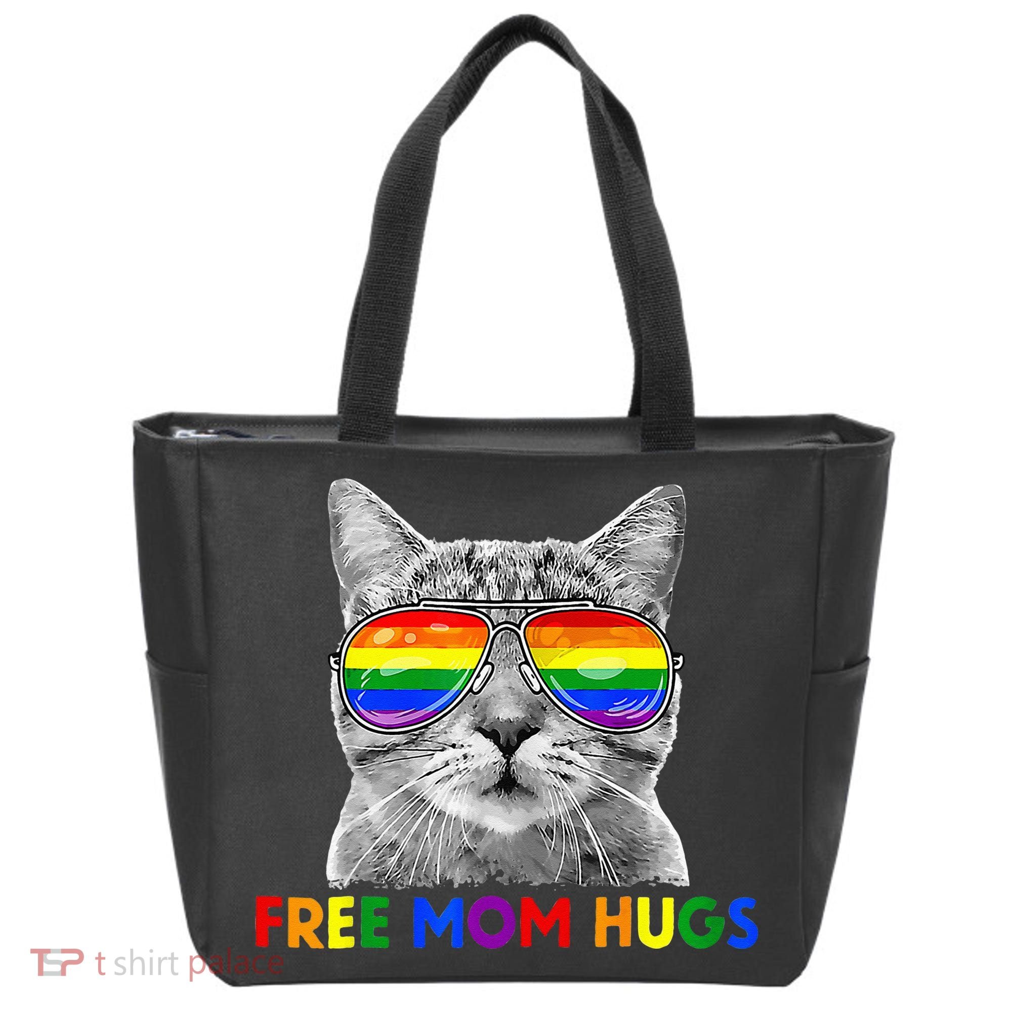 Free Mom Hugs Purride Proud Ally Cat Rainbow Flag LGBT Pride Tote Bag