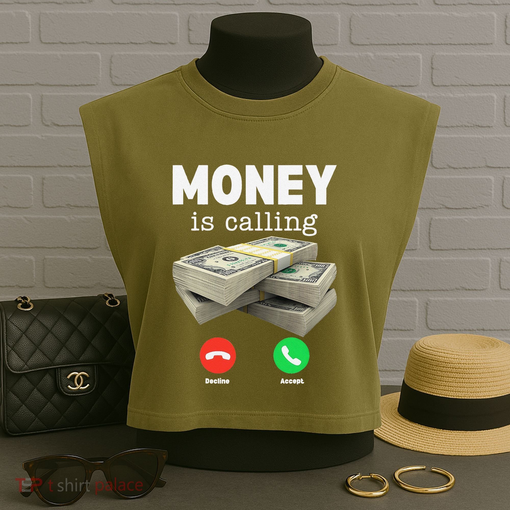 Funny Money Is Calling Dollar Cash Phone Screen Garment-Dyed Women's Muscle Tee
