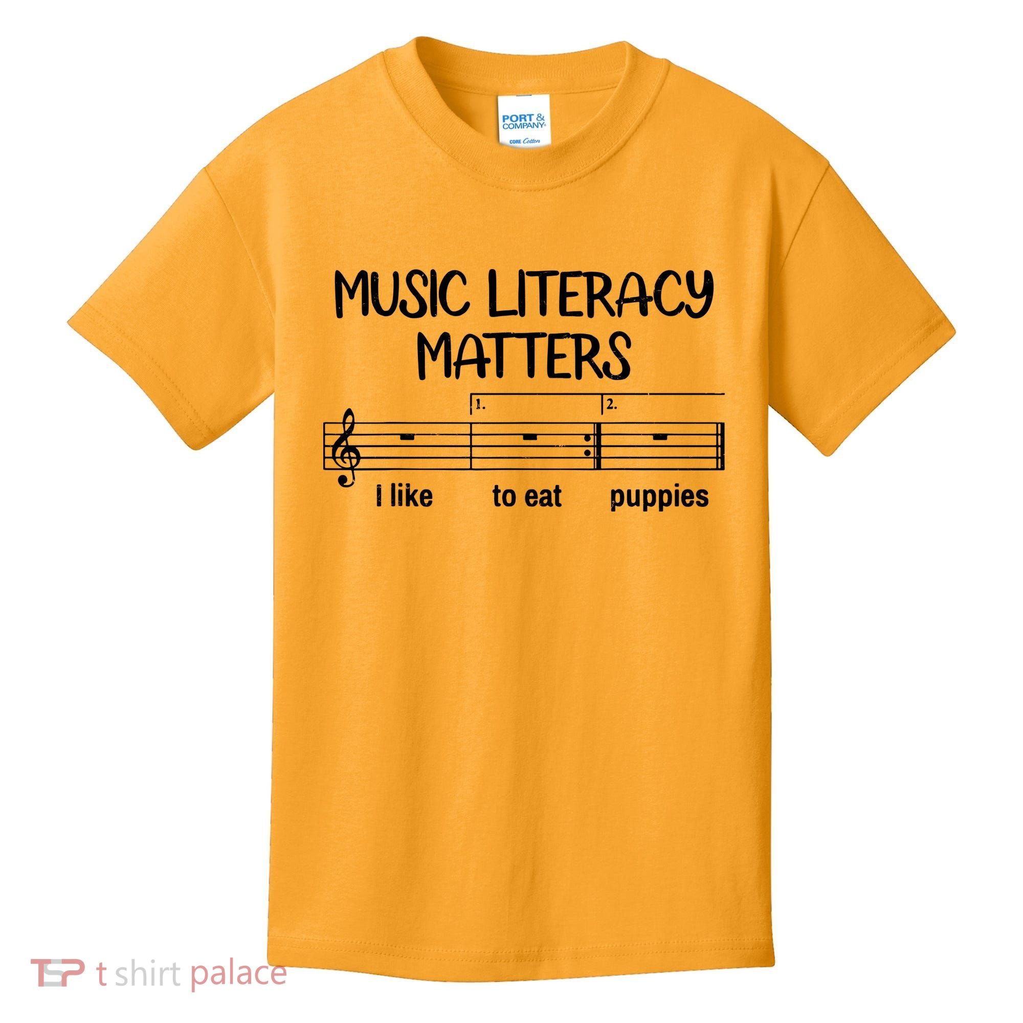 Funny Music Literacy Matters I Like To Eat Puppies Kids T-Shirt