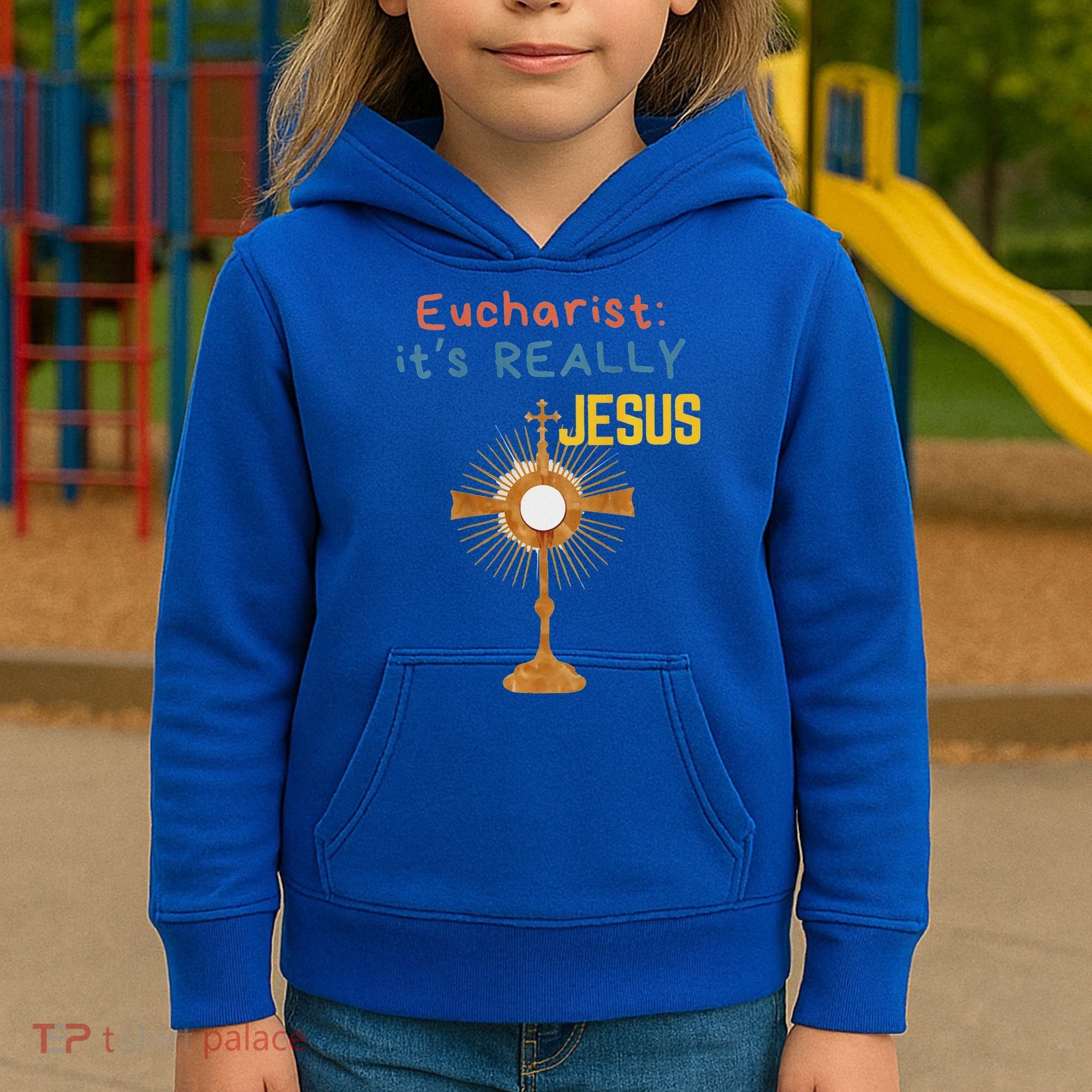 Front My Lord Monstrance Back Eucharist ItS Really Jesus Kids Hoodie