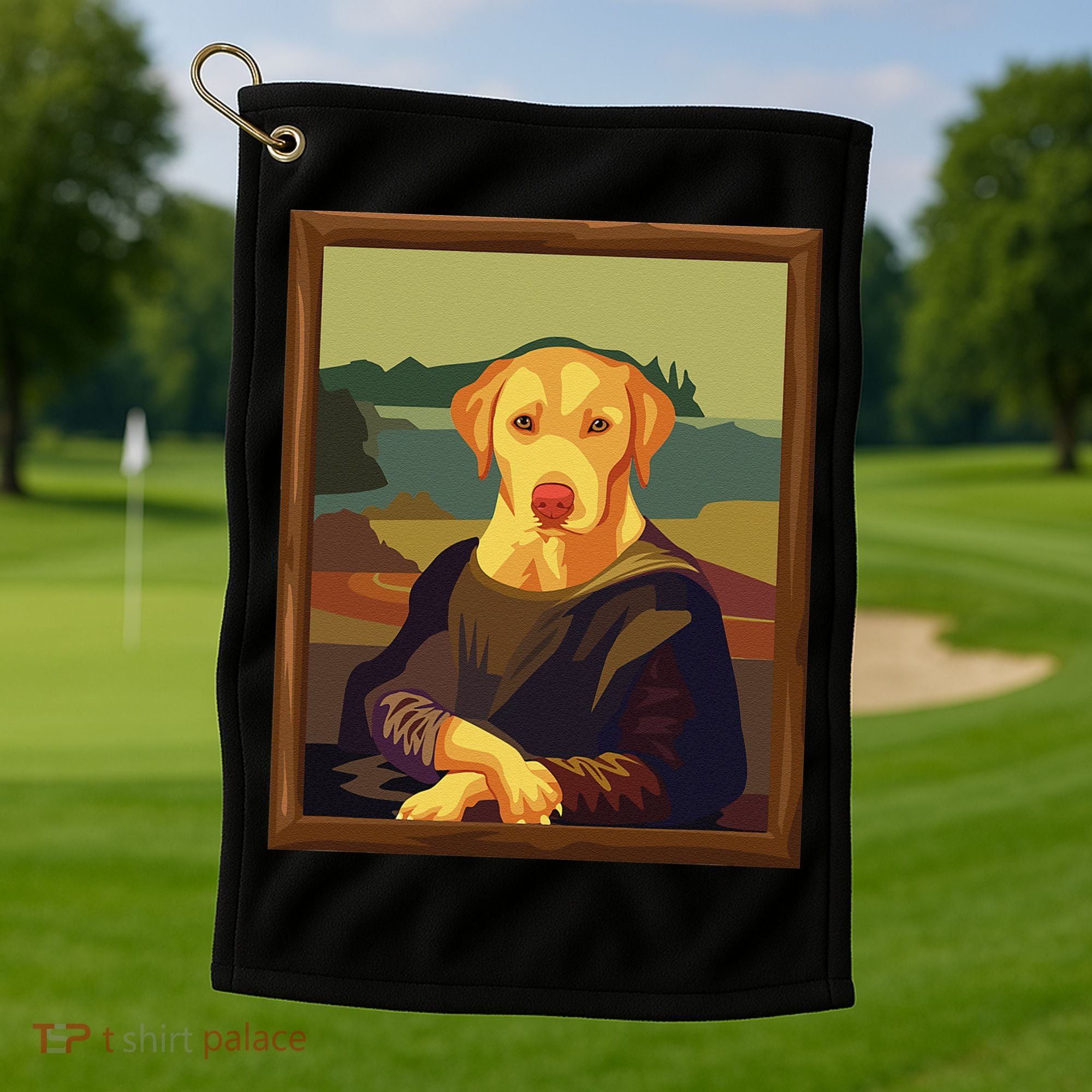 Funny Mona Lisa Yellow Lab Dog Art Parody Golf Towel
