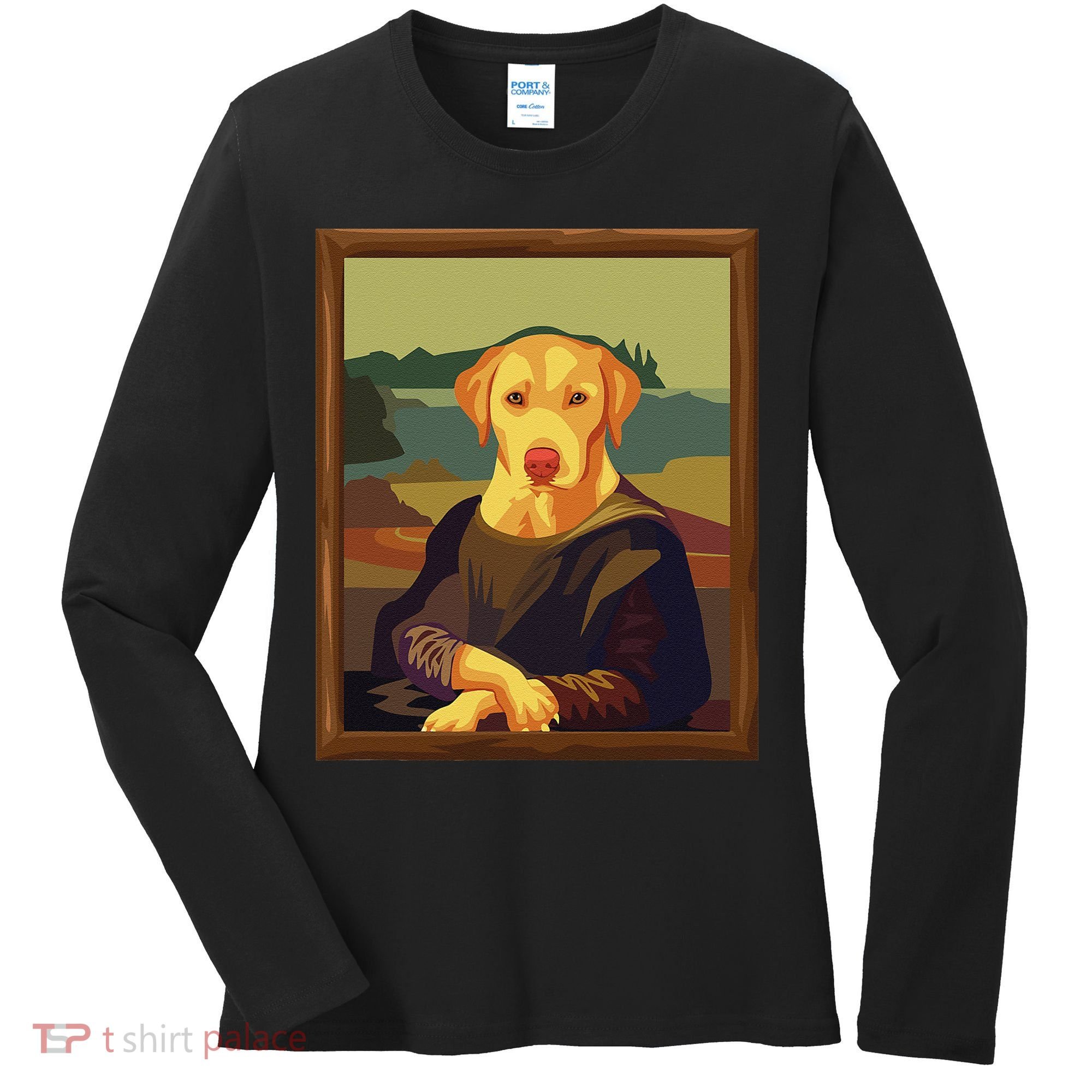 Funny Mona Lisa Yellow Lab Dog Art Parody Women's Long Sleeve Shirt