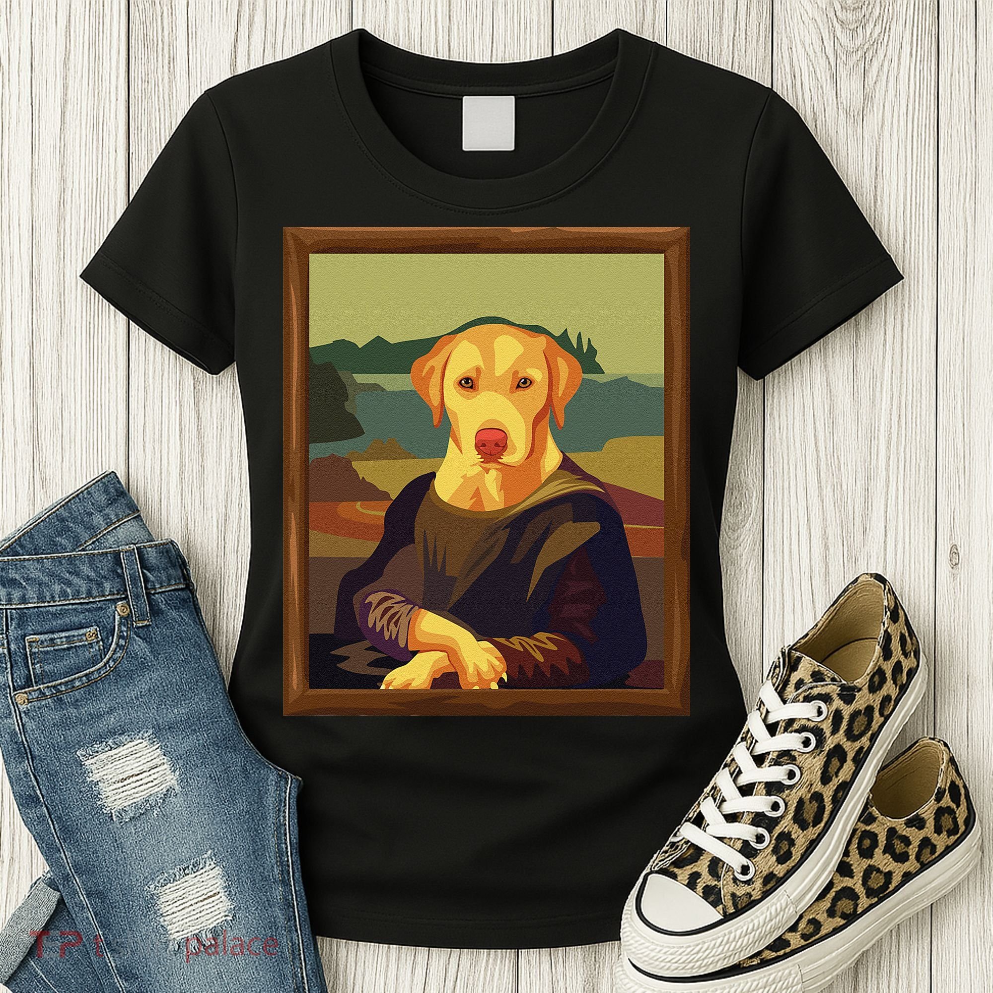 Funny Mona Lisa Yellow Lab Dog Art Parody Women's T-Shirt