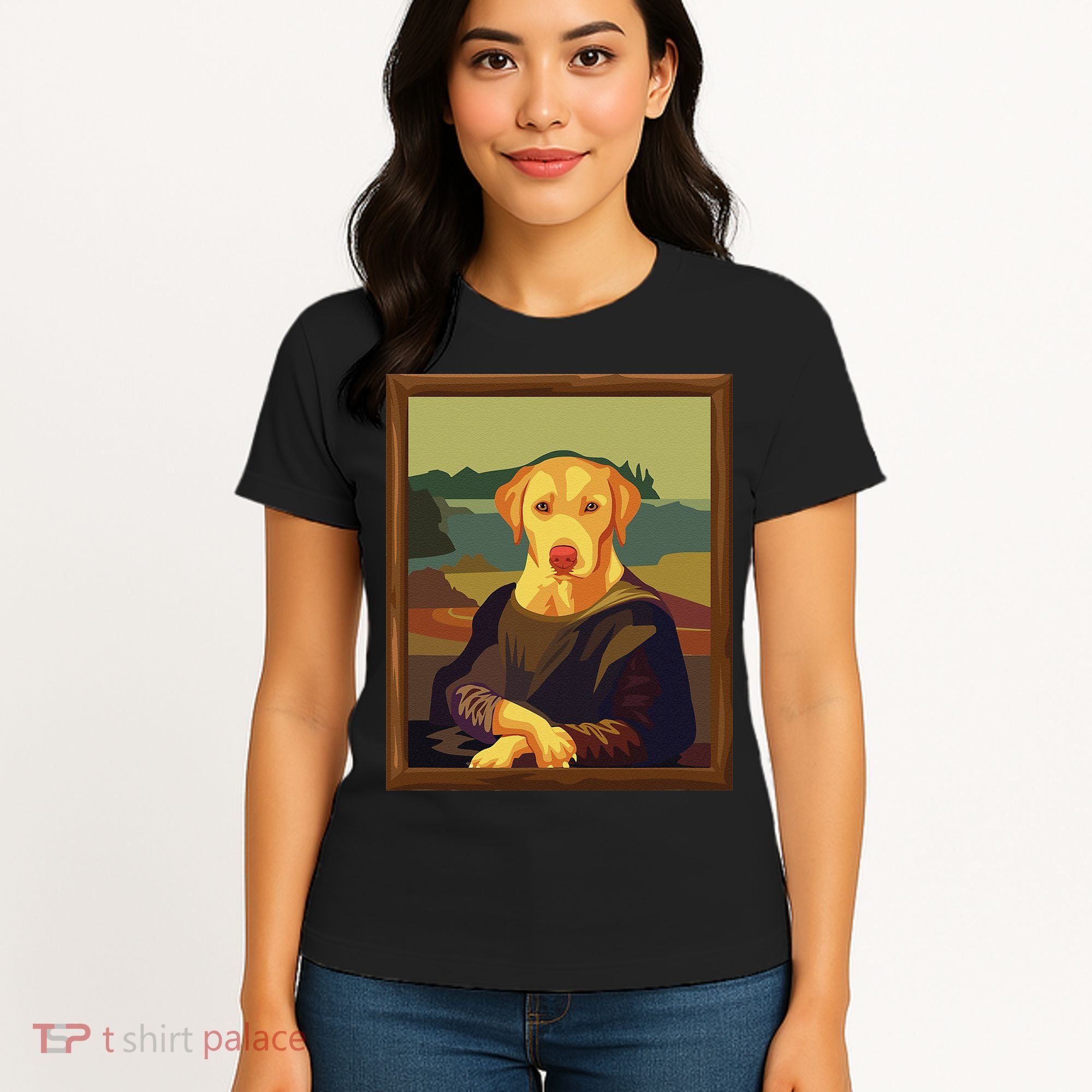 Funny Mona Lisa Yellow Lab Dog Art Parody Women's T-Shirt