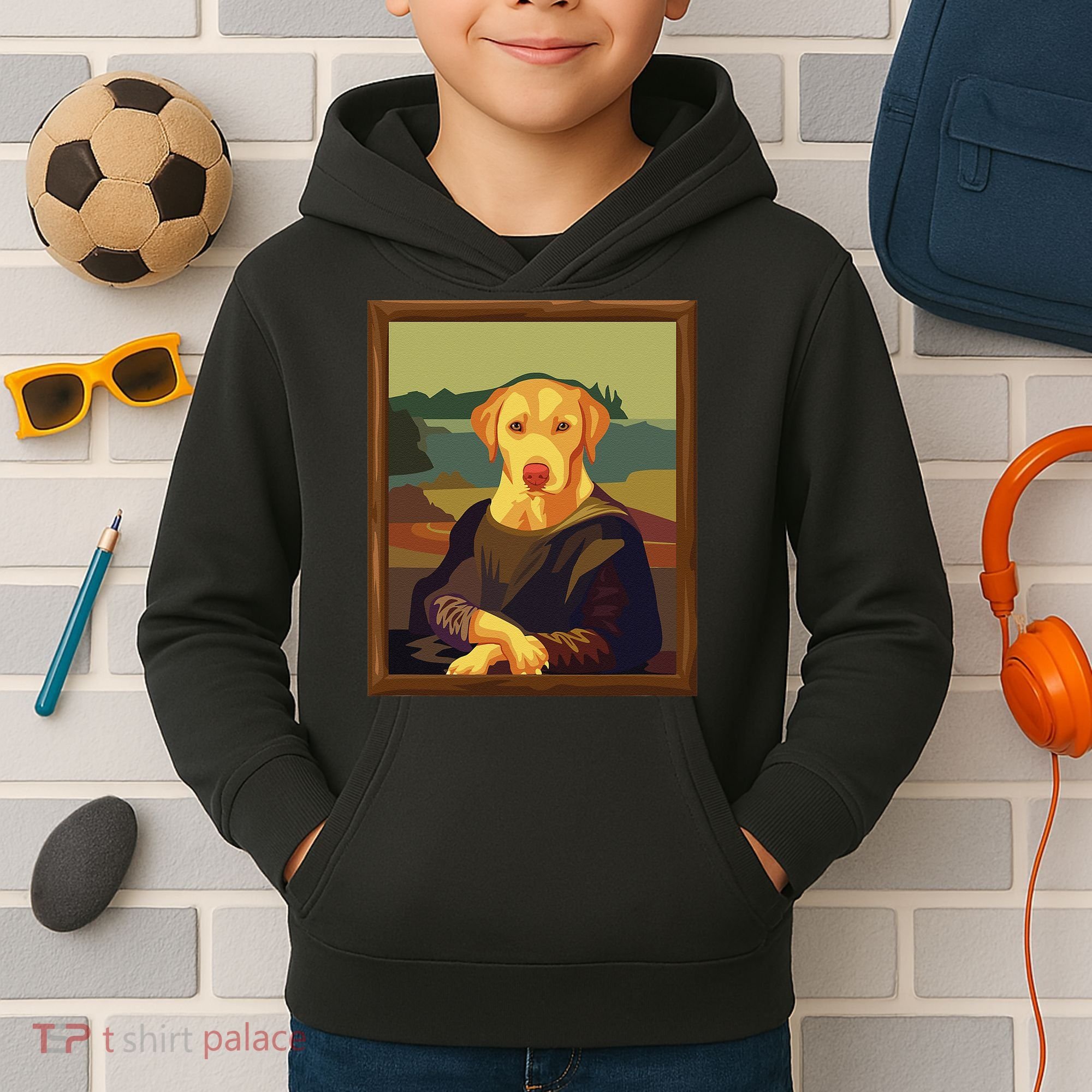 Funny Mona Lisa Yellow Lab Dog Art Parody Kids Hoodie