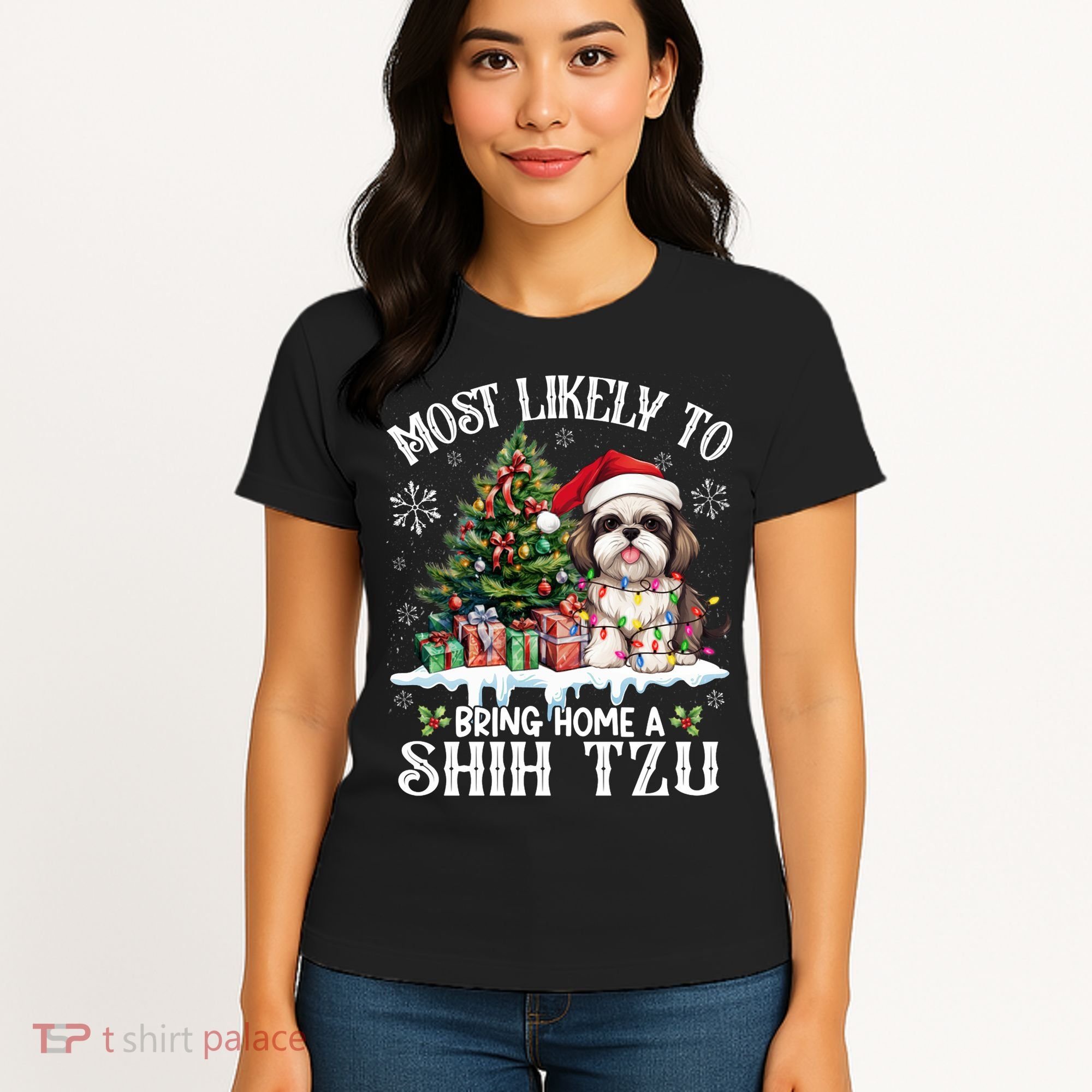 Funny Most Likely To Bring Home A Shih Tzu Dog Lover Xmas Women's T-Shirt