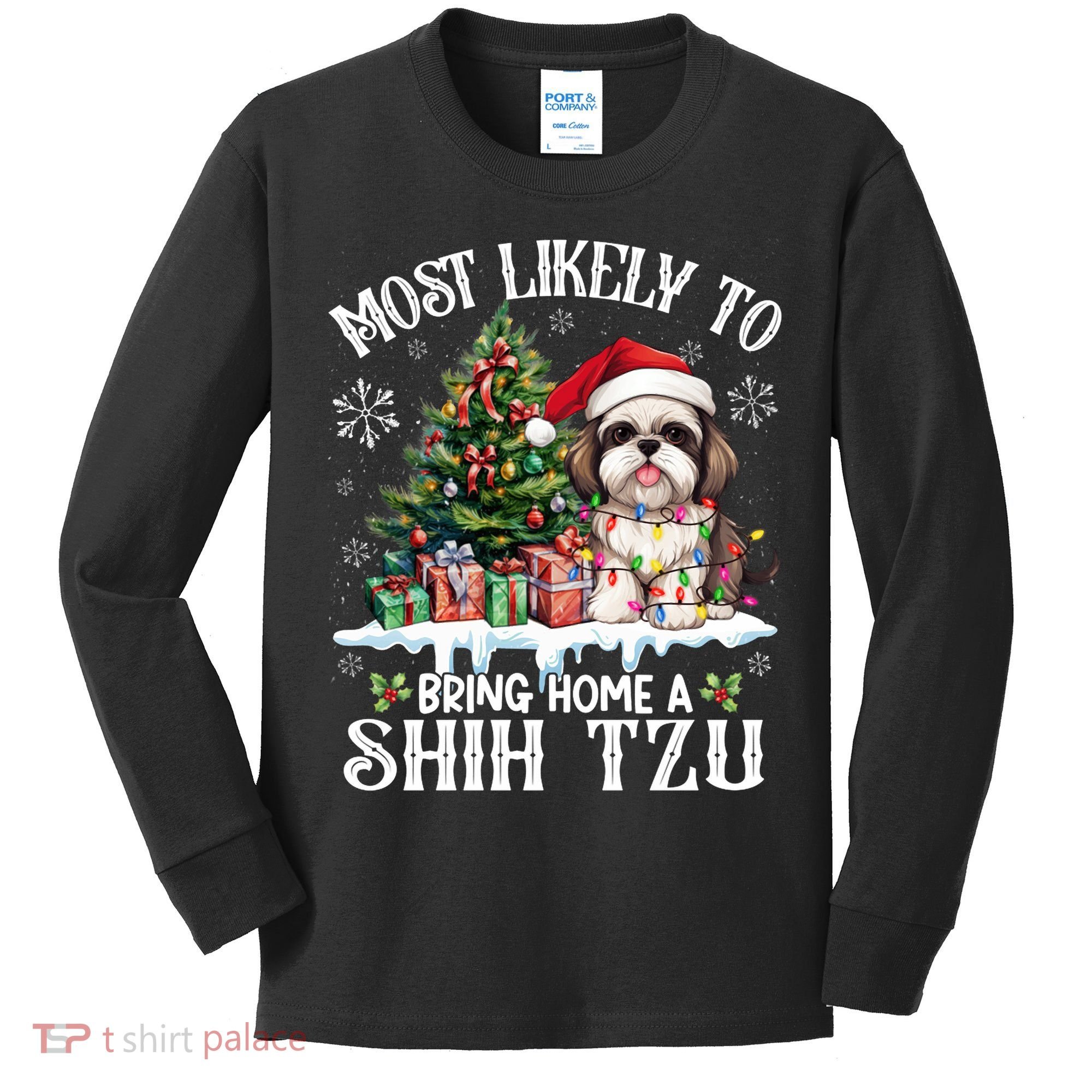 Funny Most Likely To Bring Home A Shih Tzu Dog Lover Xmas Kids Long Sleeve Shirt