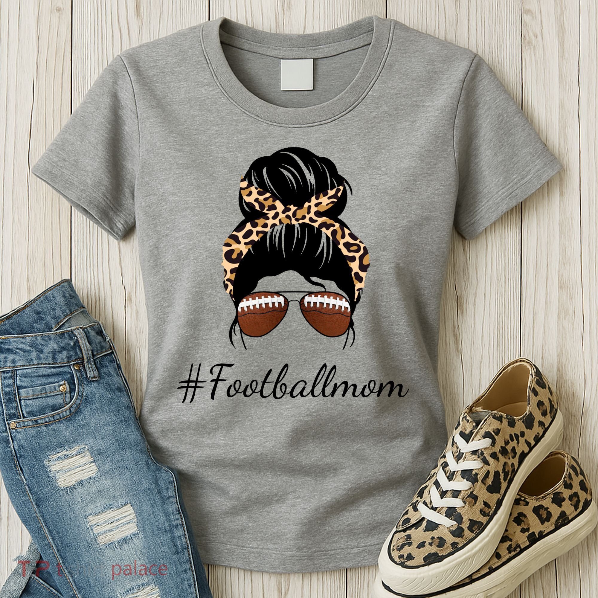 Football Mom Leopard And Messy Bun Women's T-Shirt