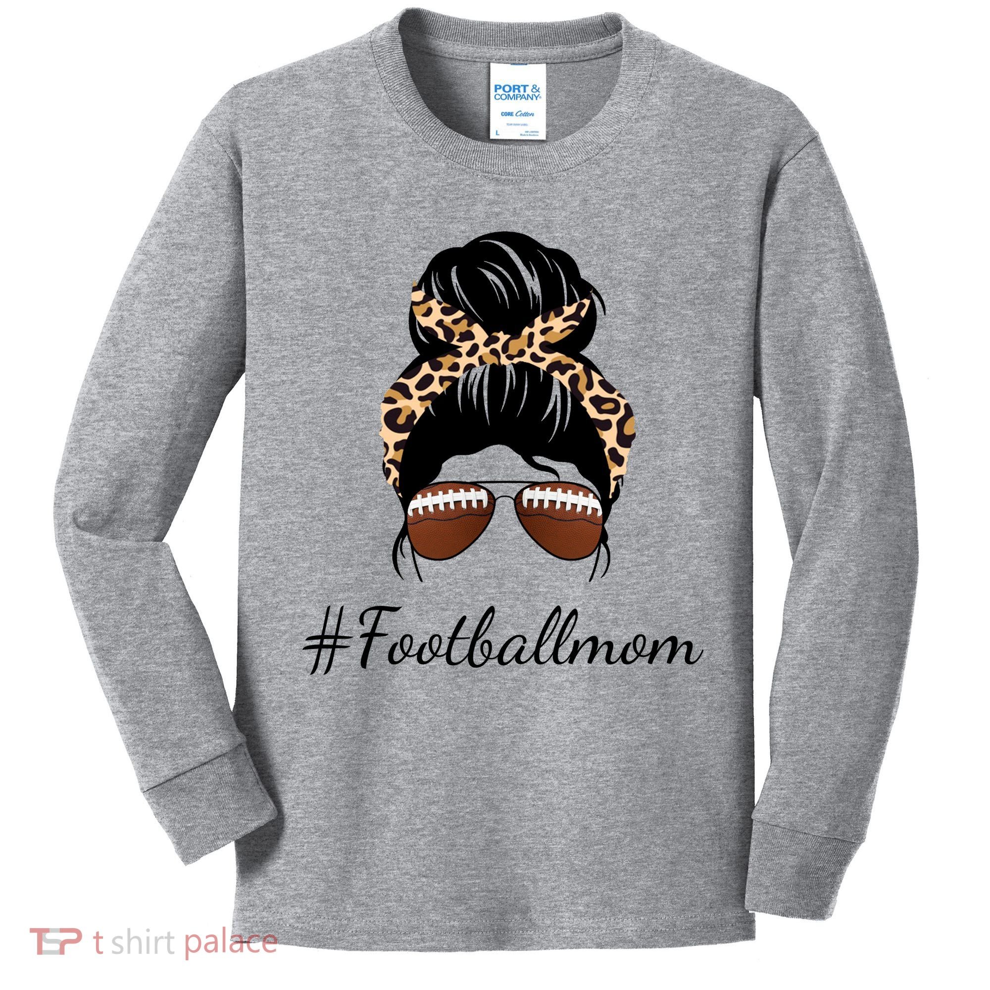 Football Mom Leopard And Messy Bun Kids Long Sleeve Shirt