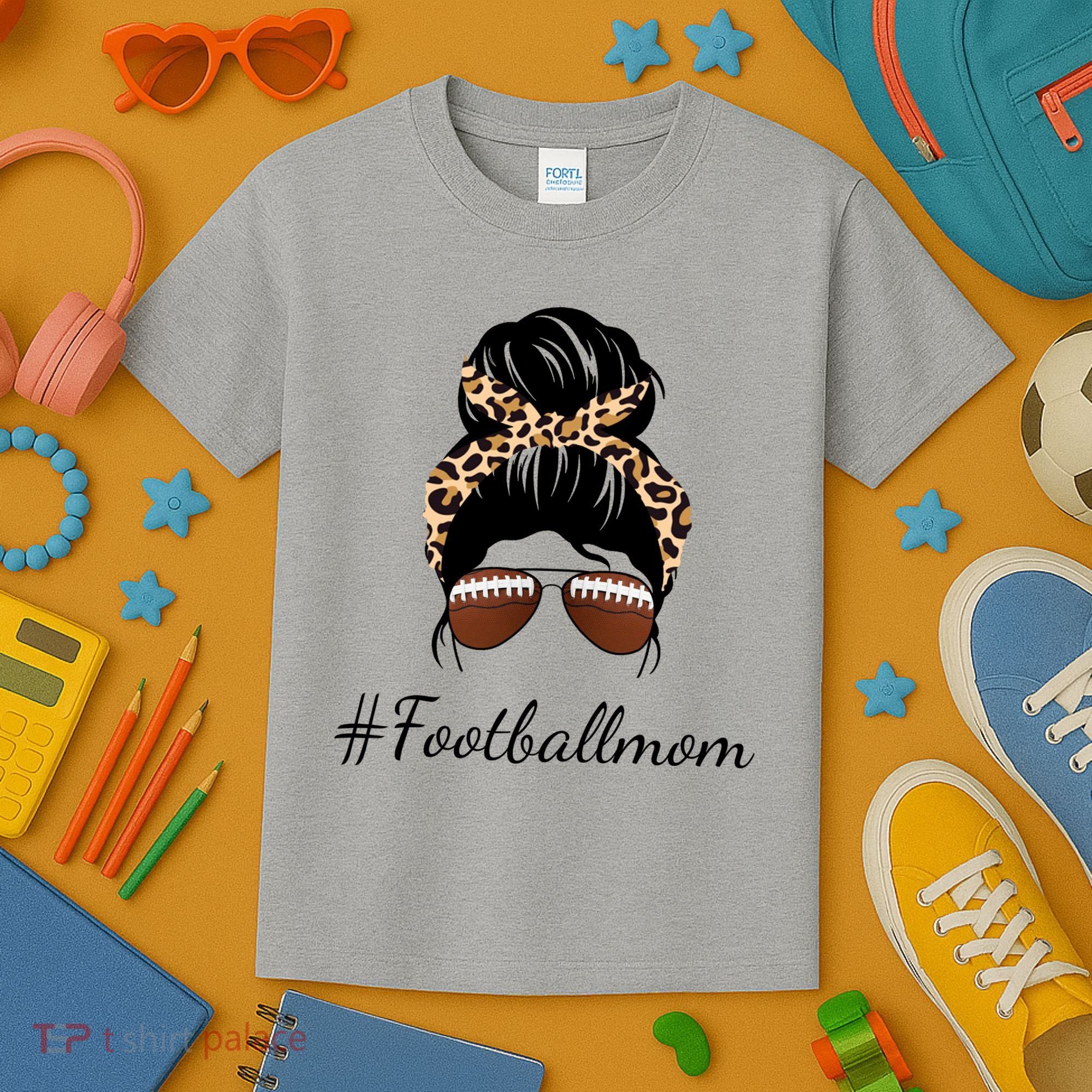Football Mom Leopard And Messy Bun Kids T-Shirt
