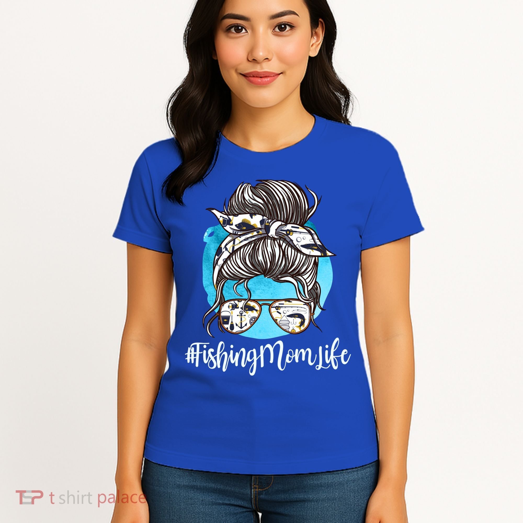 Fishing Mom Life Messy Bun Mom Funny Fishing Mom Cool Gift Women's T-Shirt