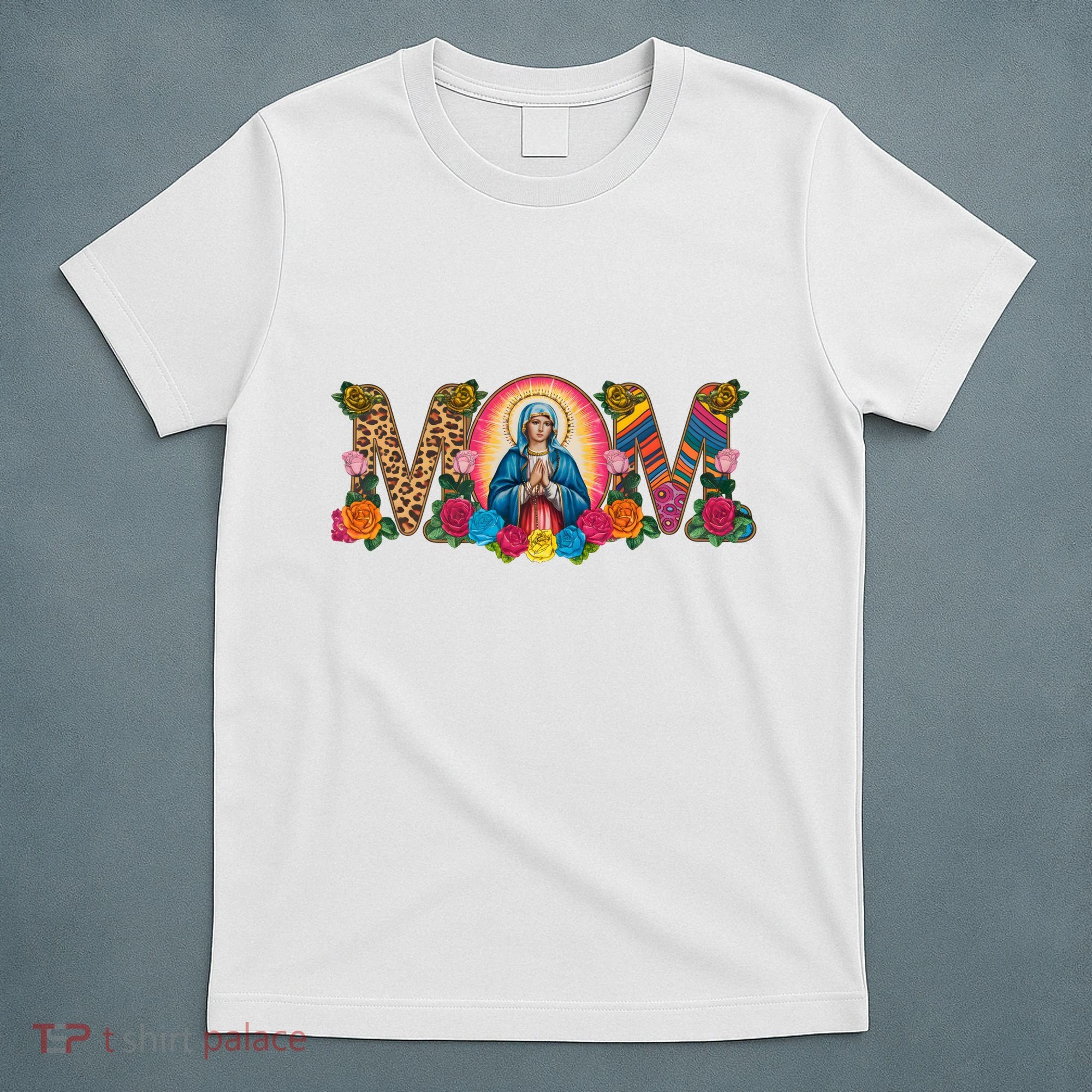 Floral Mom Mother Mary Leopard Rainbow Pattern T-Shirt