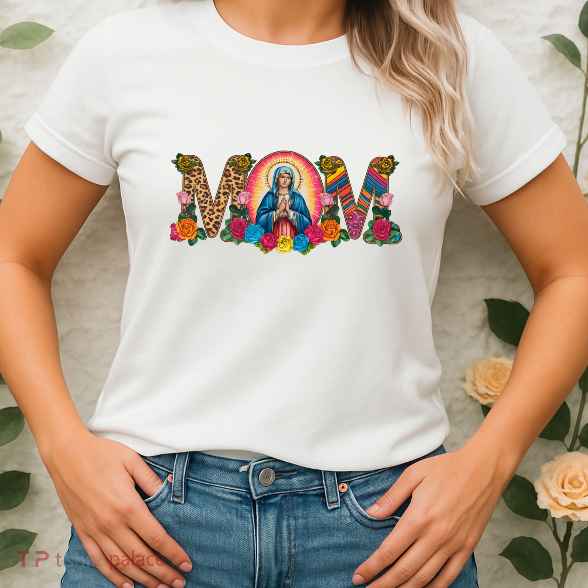 Floral Mom Mother Mary Leopard Rainbow Pattern Women's T-Shirt