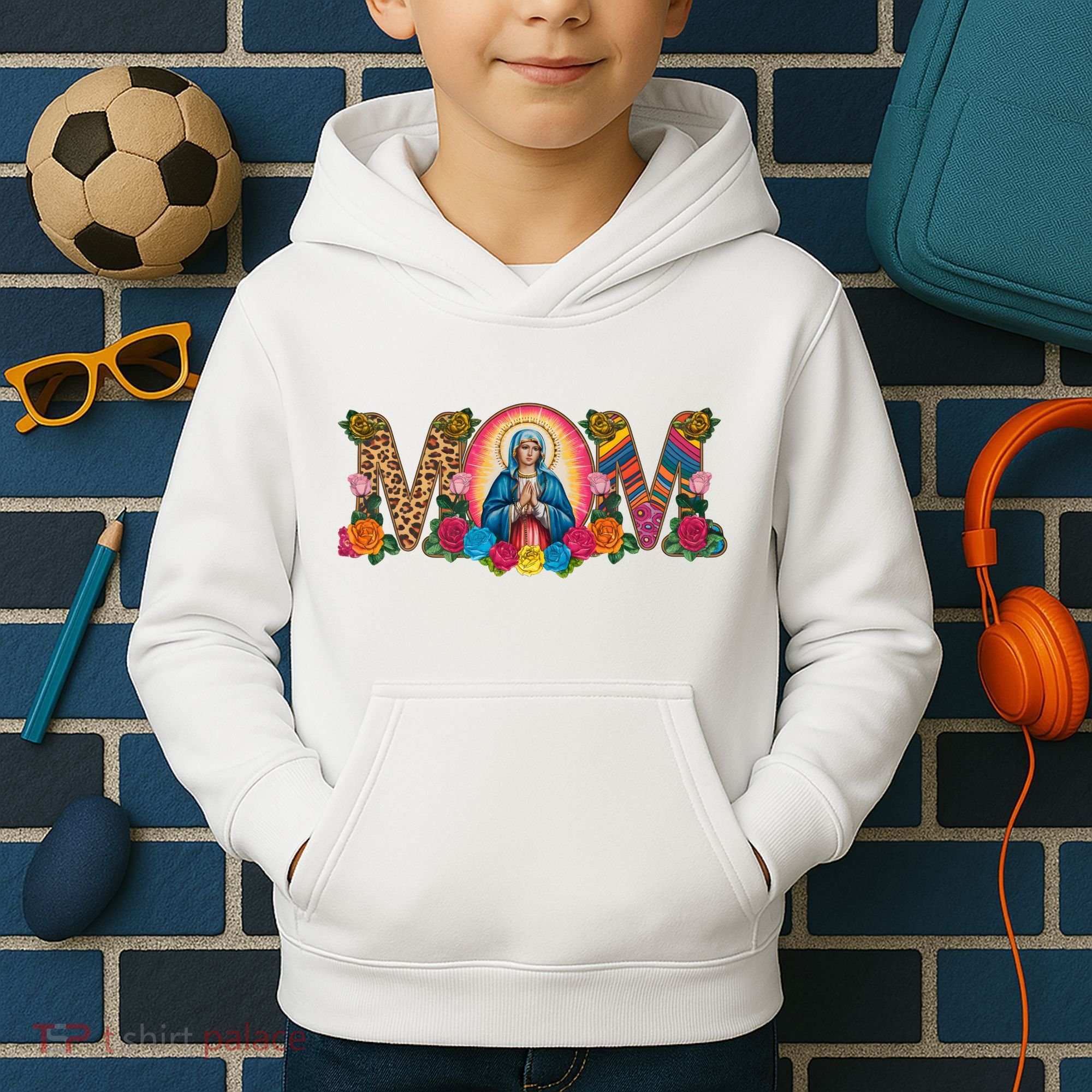 Floral Mom Mother Mary Leopard Rainbow Pattern Kids Hoodie