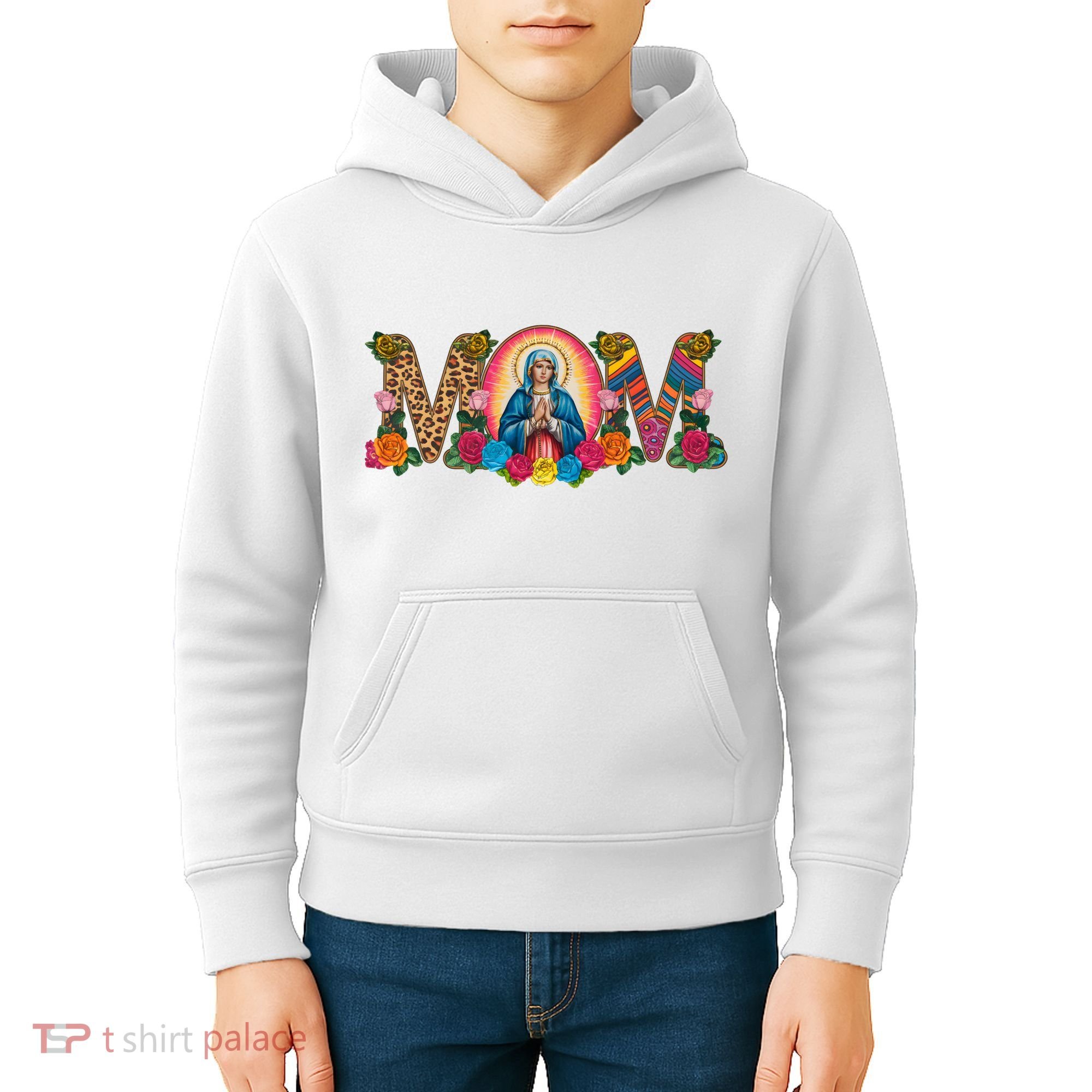 Floral Mom Mother Mary Leopard Rainbow Pattern Kids Hoodie