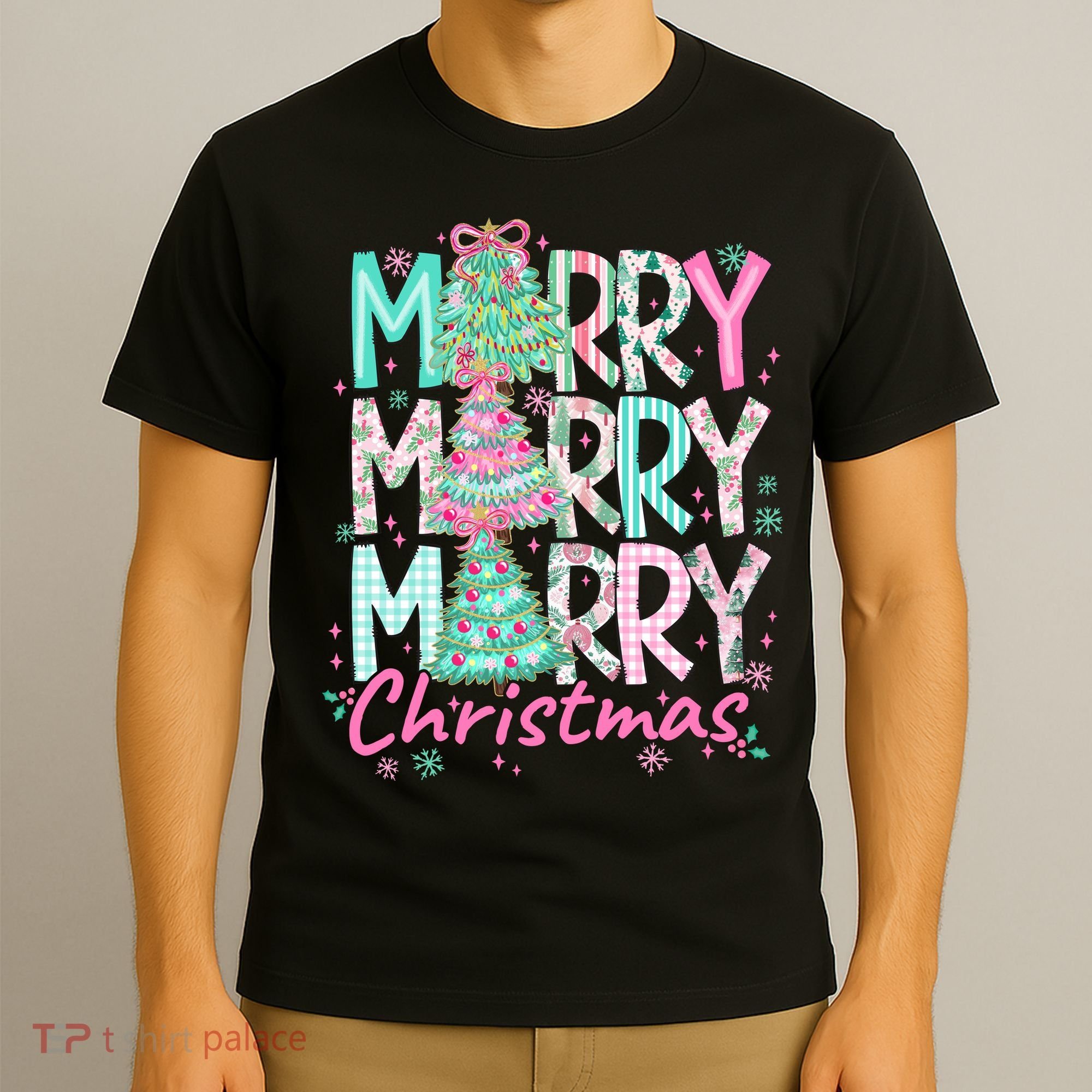 Floral Merry Merry Merry Christmas Holiday Festive T-Shirt