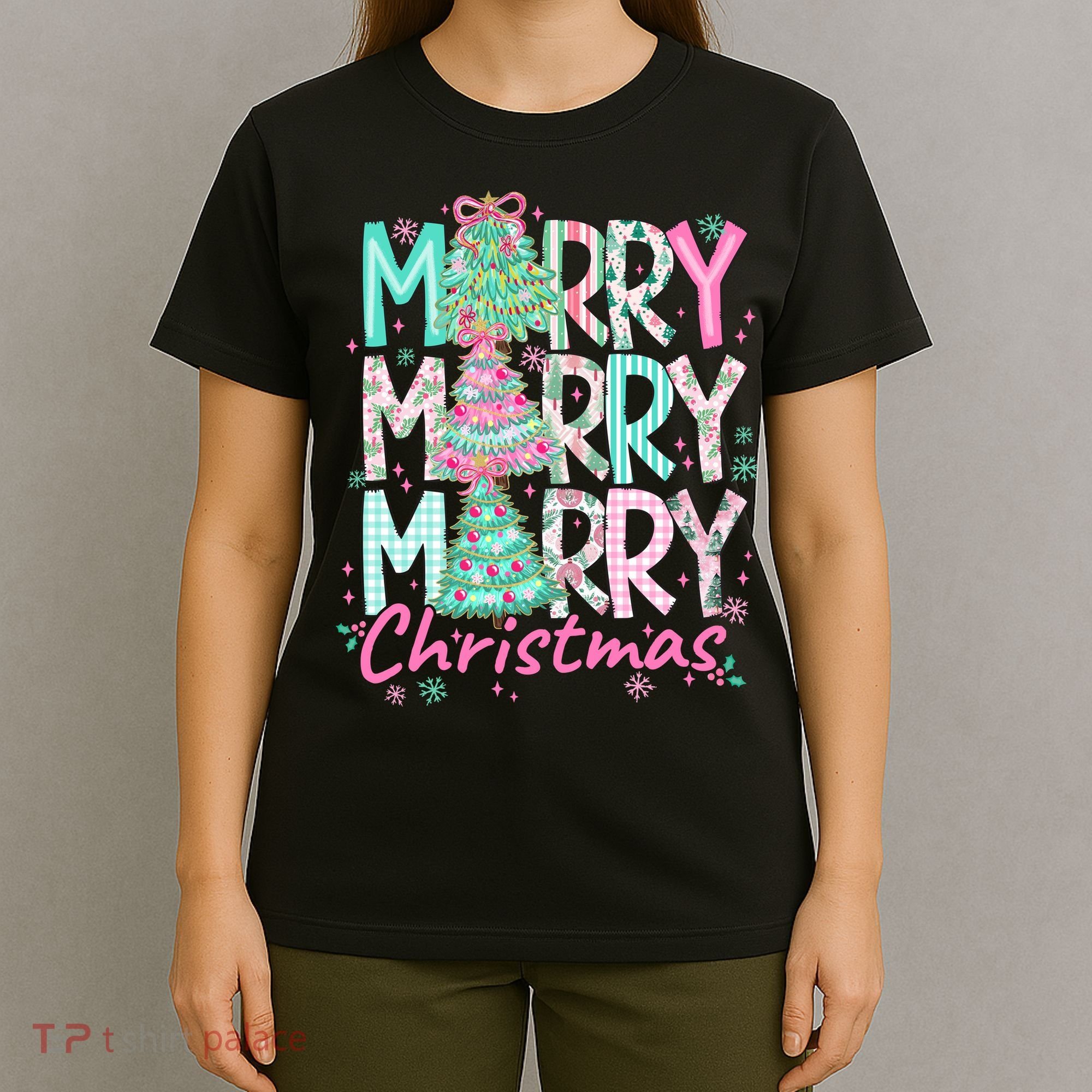 Floral Merry Merry Merry Christmas Holiday Festive T-Shirt