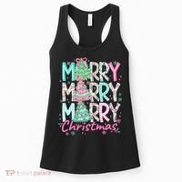 Floral Merry Merry Merry Christmas Holiday Festive Women's Tank Top thumb 0