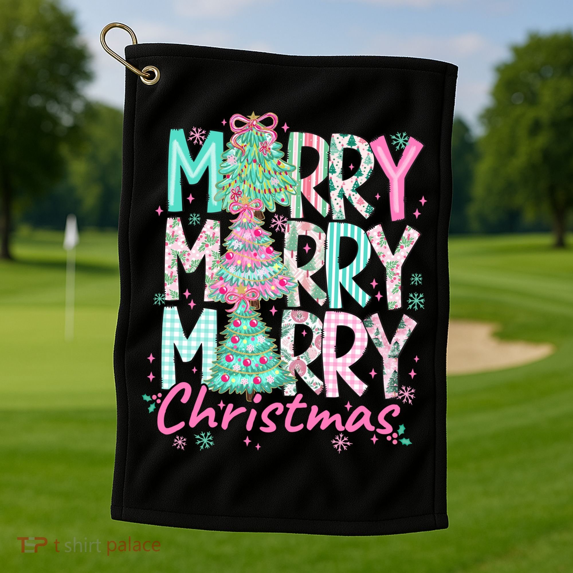 Floral Merry Merry Merry Christmas Holiday Festive Golf Towel
