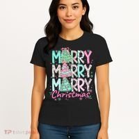 Floral Merry Merry Merry Christmas Holiday Festive Women's T-Shirt thumb 4