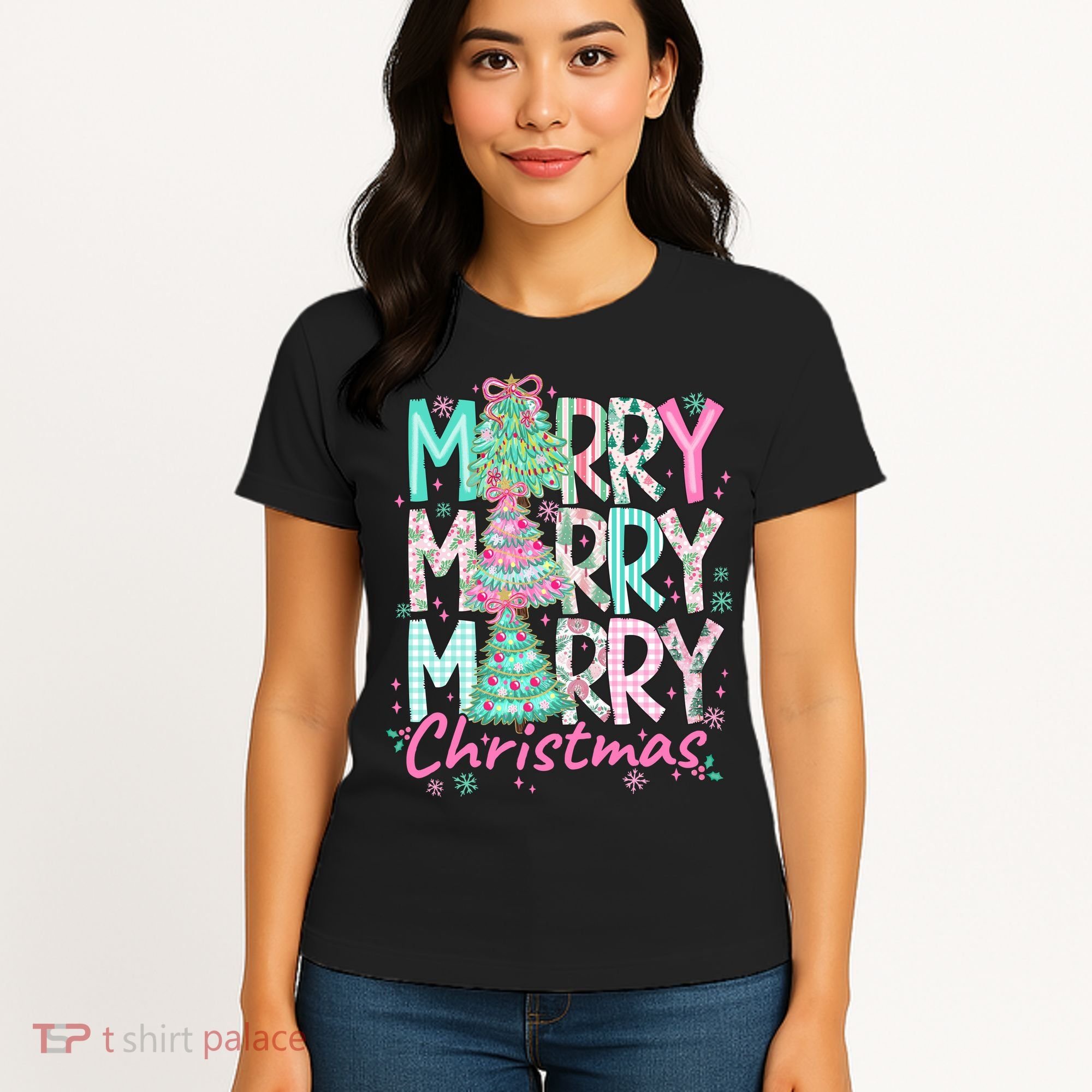 Floral Merry Merry Merry Christmas Holiday Festive Women's T-Shirt