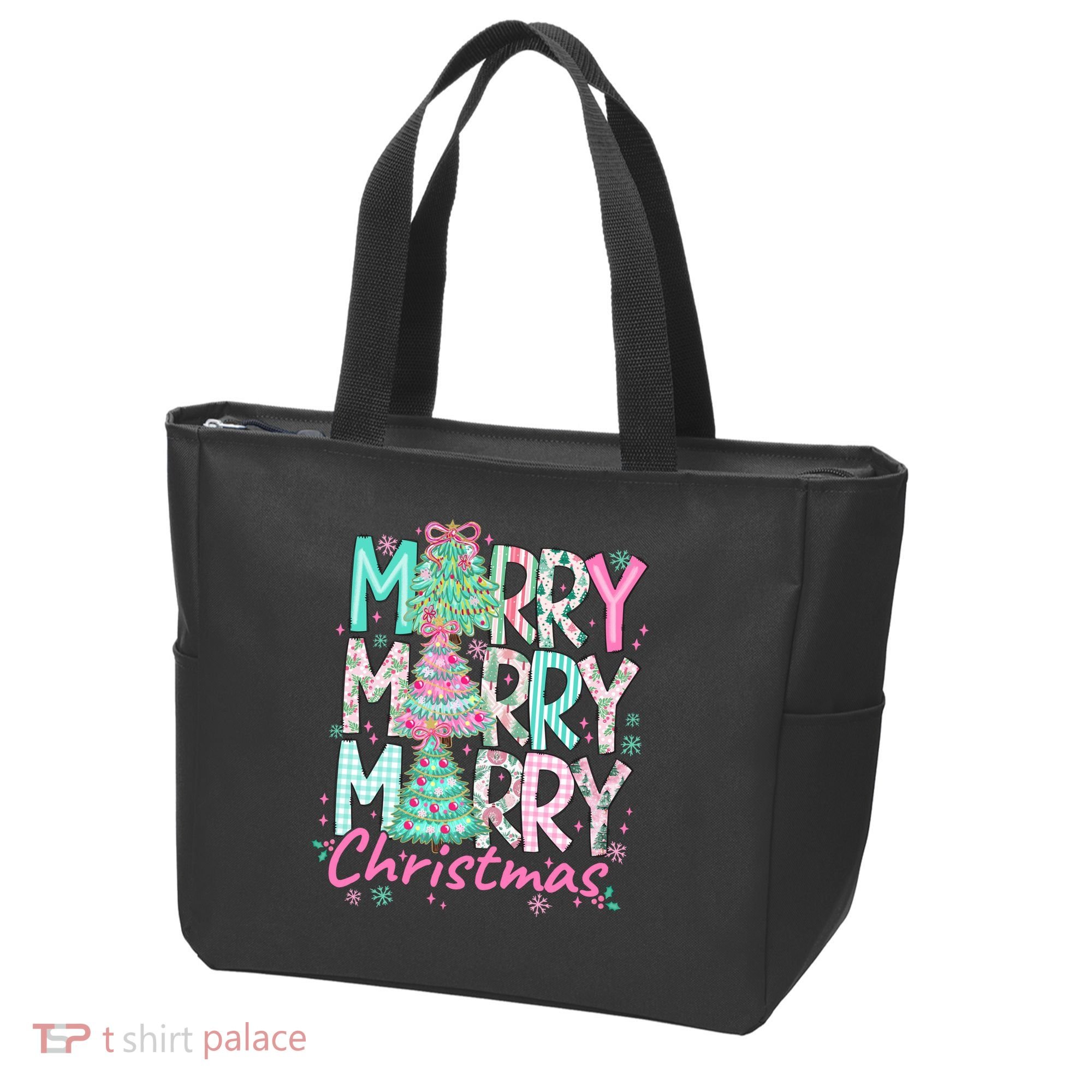 Floral Merry Merry Merry Christmas Holiday Festive Tote Bag