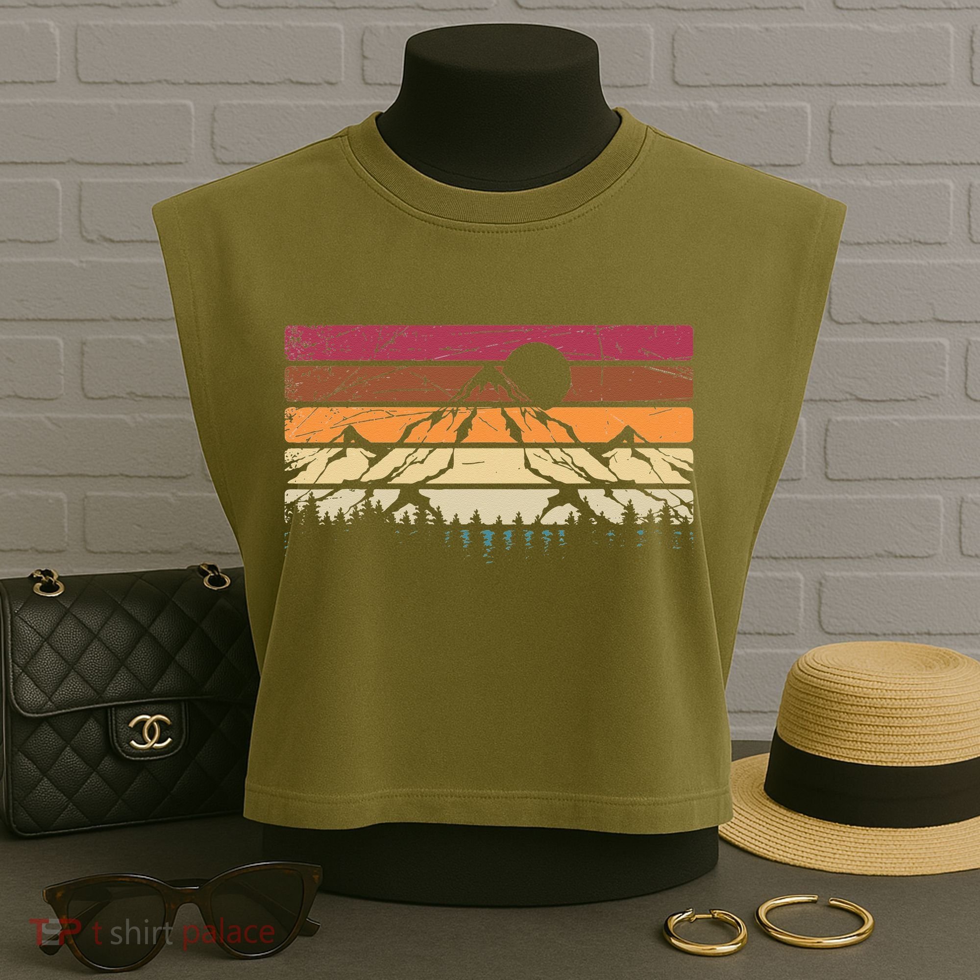 Forest Mountain Outdoors Nature Wildlife Trees Retro Hiking Garment-Dyed Women's Muscle Tee