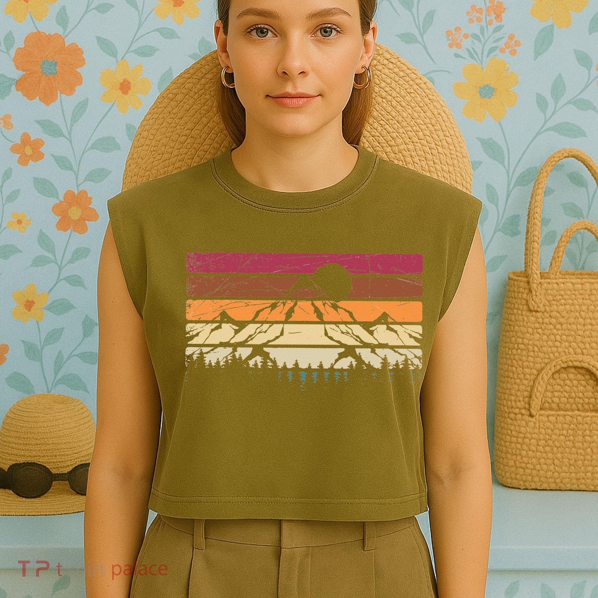 Forest Mountain Outdoors Nature Wildlife Trees Retro Hiking Garment-Dyed Women's Muscle Tee