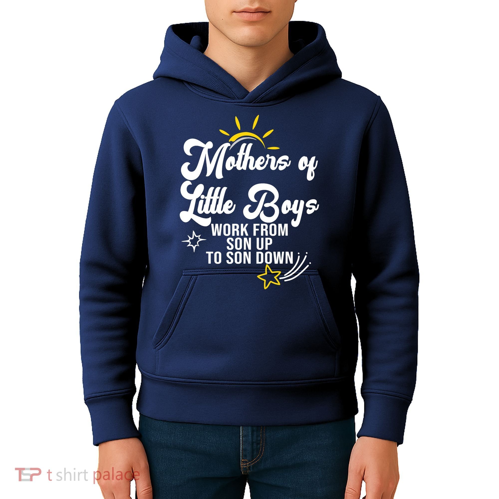Funny Mothers of Little Boy Work From Son Up to Son Down Kids Hoodie