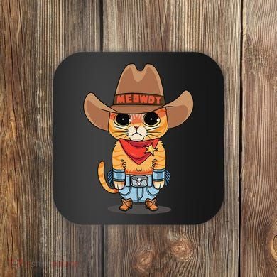 Funny Meowdy Orange Tabby Cat Cow Hat Howdy Meow Meme Coaster