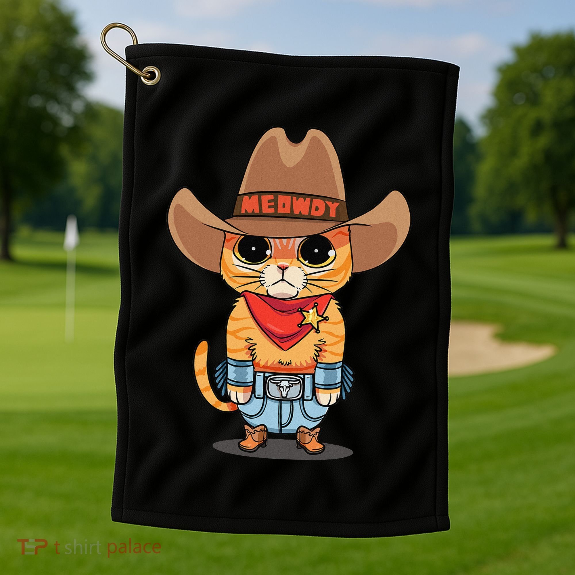 Funny Meowdy Orange Tabby Cat Cow Hat Howdy Meow Meme Golf Towel