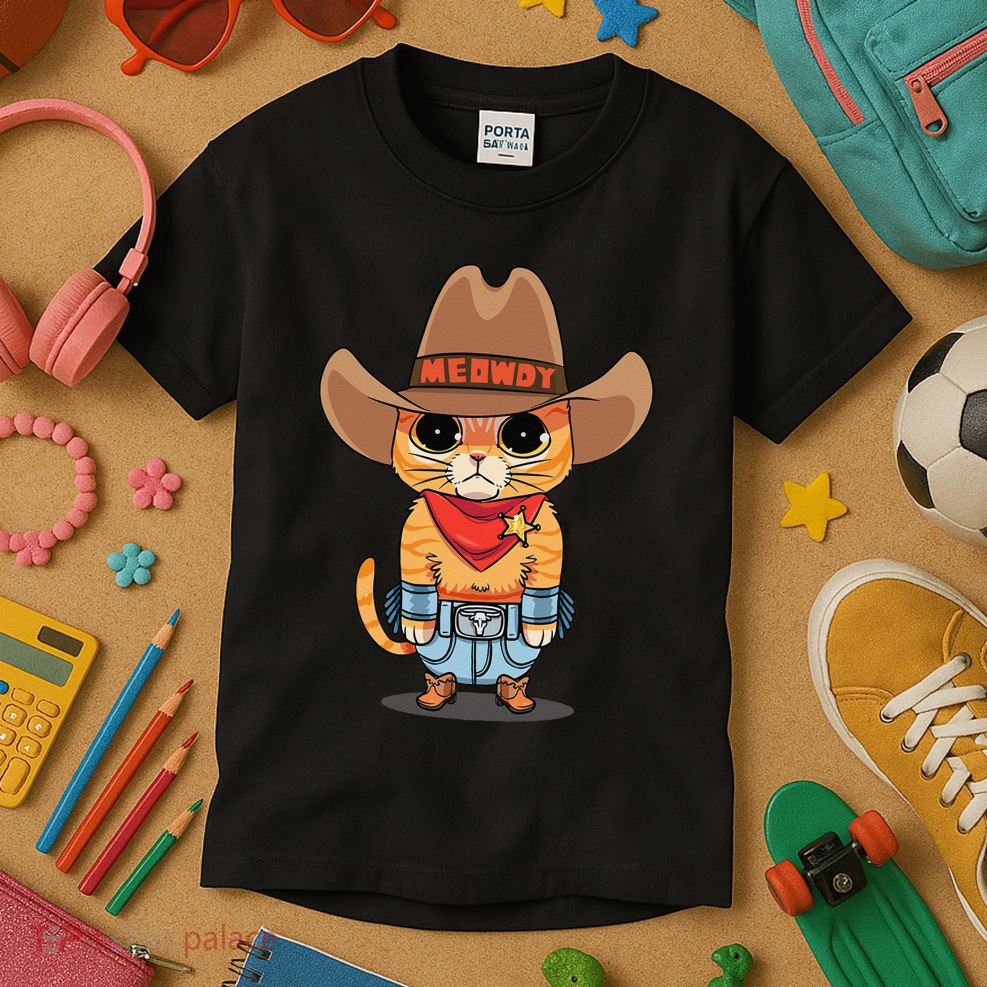 Funny Meowdy Orange Tabby Cat Cow Hat Howdy Meow Meme Kids T-Shirt