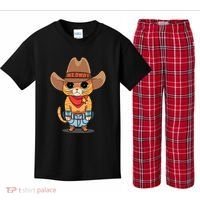 Funny Meowdy Orange Tabby Cat Cow Hat Howdy Meow Meme Kids Plaid Pajama Set thumb 0