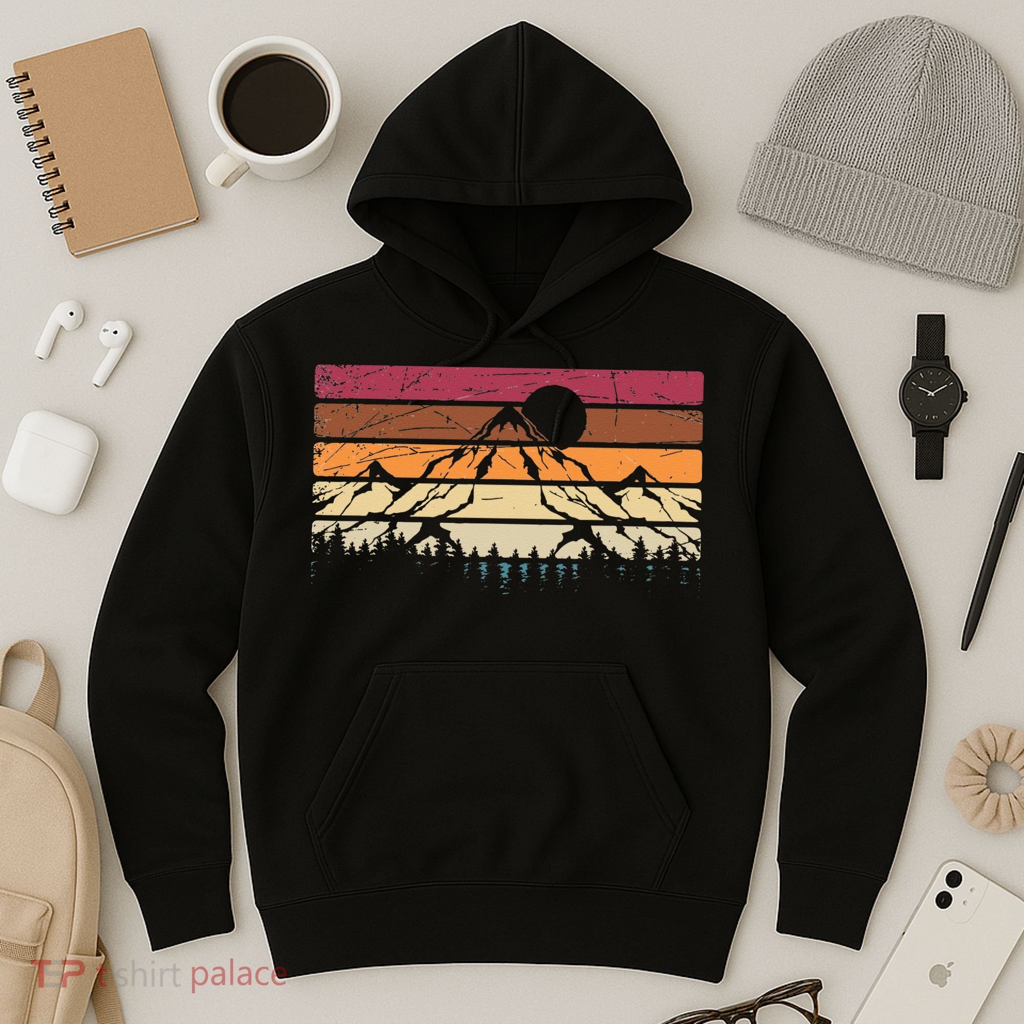 Forest Mountain Outdoors Nature Wildlife Trees Retro Hiking Hoodie