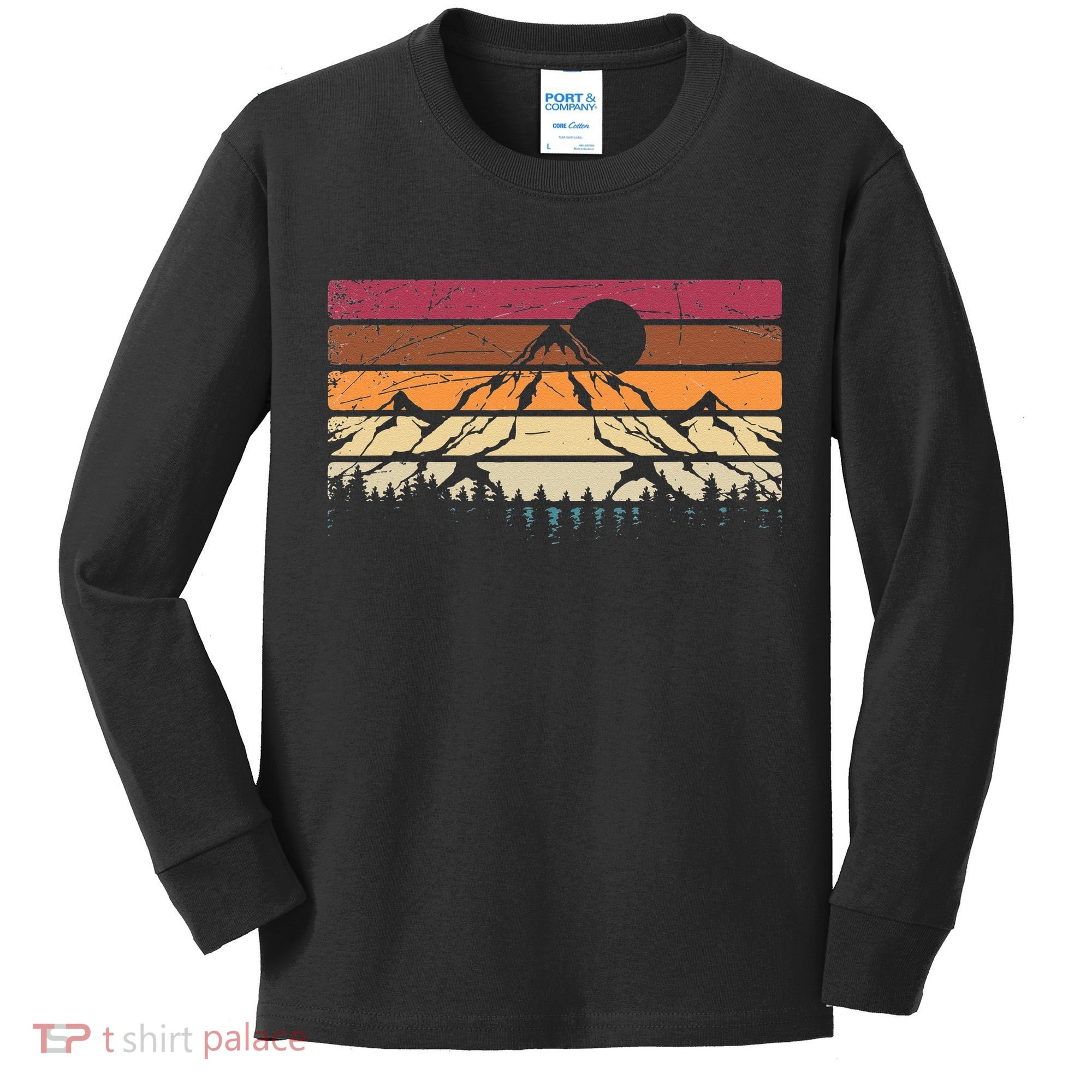 Forest Mountain Outdoors Nature Wildlife Trees Retro Hiking Kids Long Sleeve Shirt