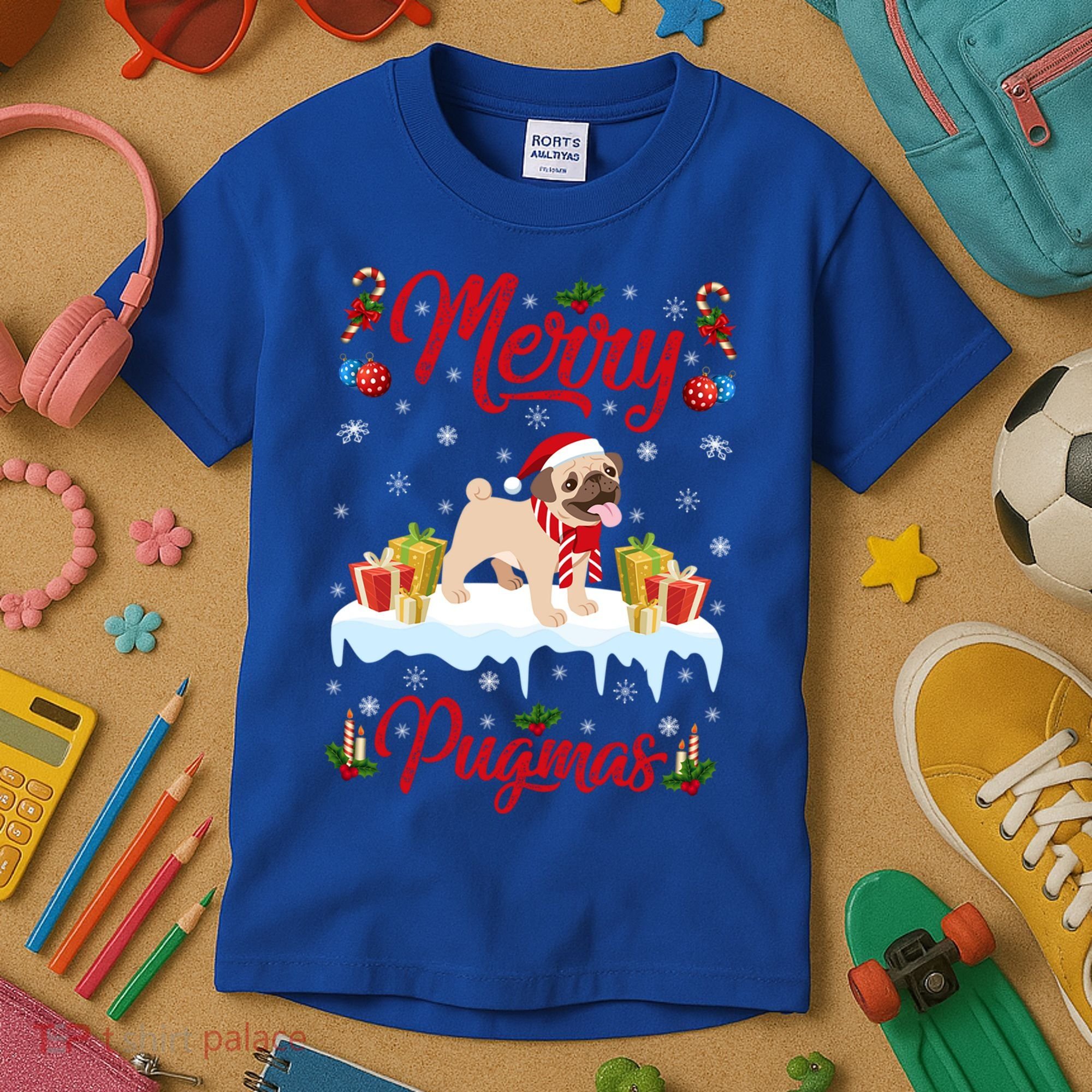 Funny Merry Pugmas Xmas Gift Santa Hat Pug Christmas Gift Kids T-Shirt