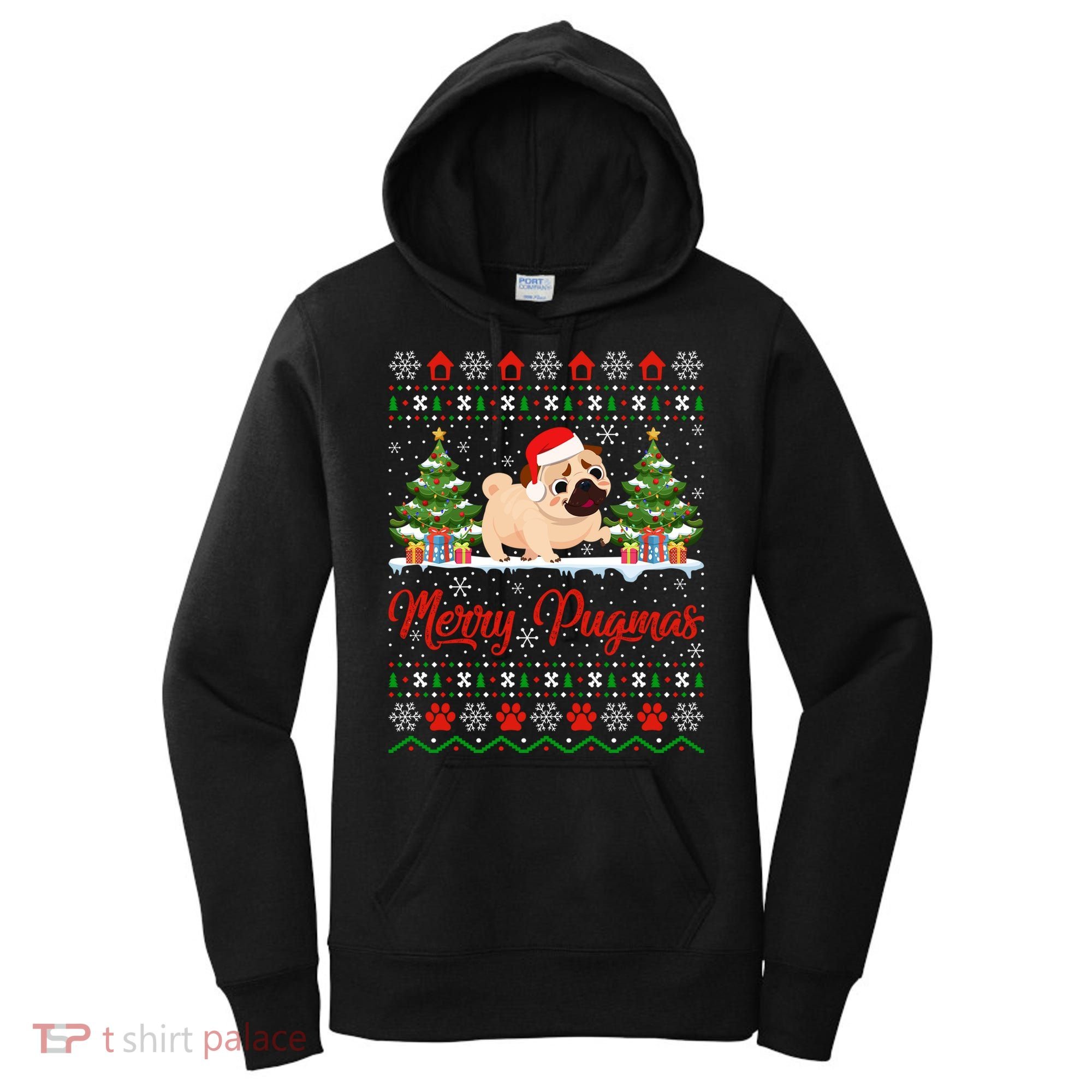Funny Merry Pugmas Xmas Gift Santa Hat Ugly Pug Christmas Gift Women's Hoodie