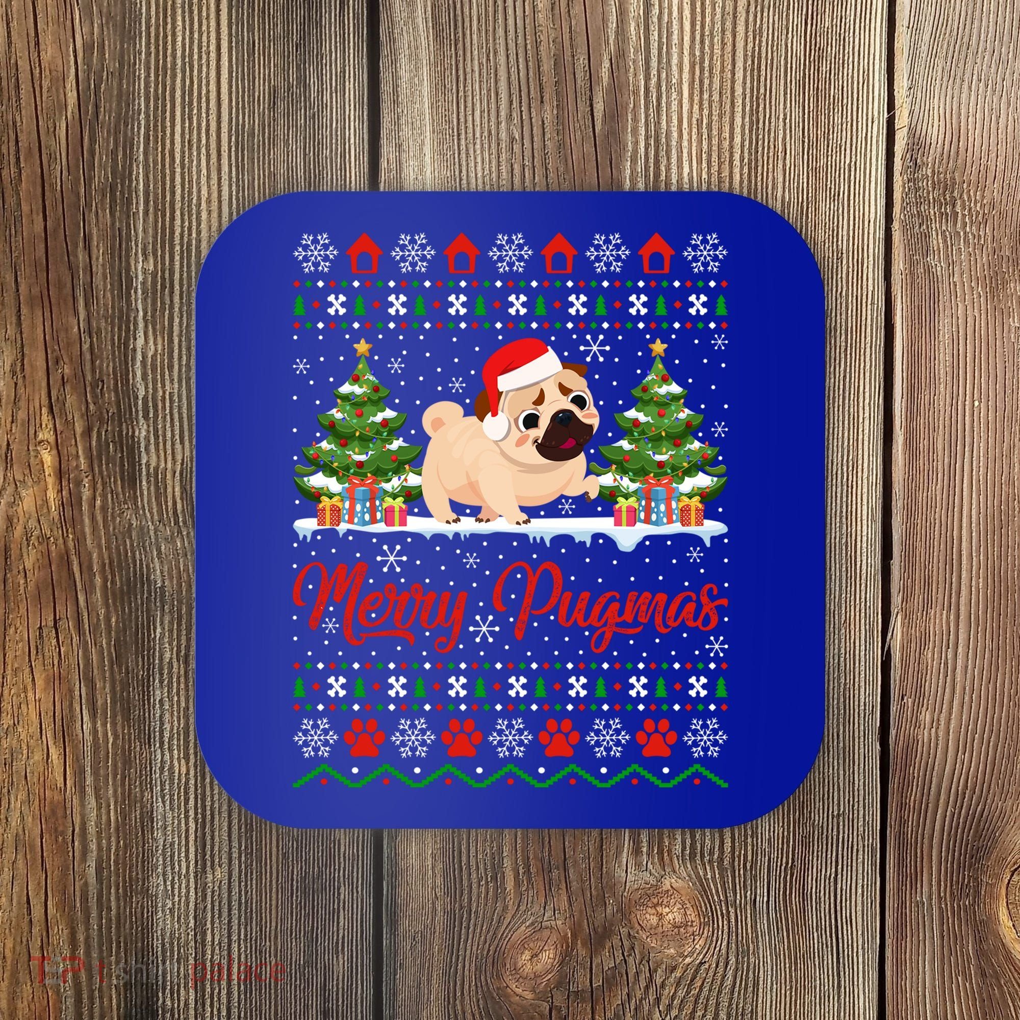 Funny Merry Pugmas Xmas Gift Santa Hat Ugly Pug Christmas Gift Coaster