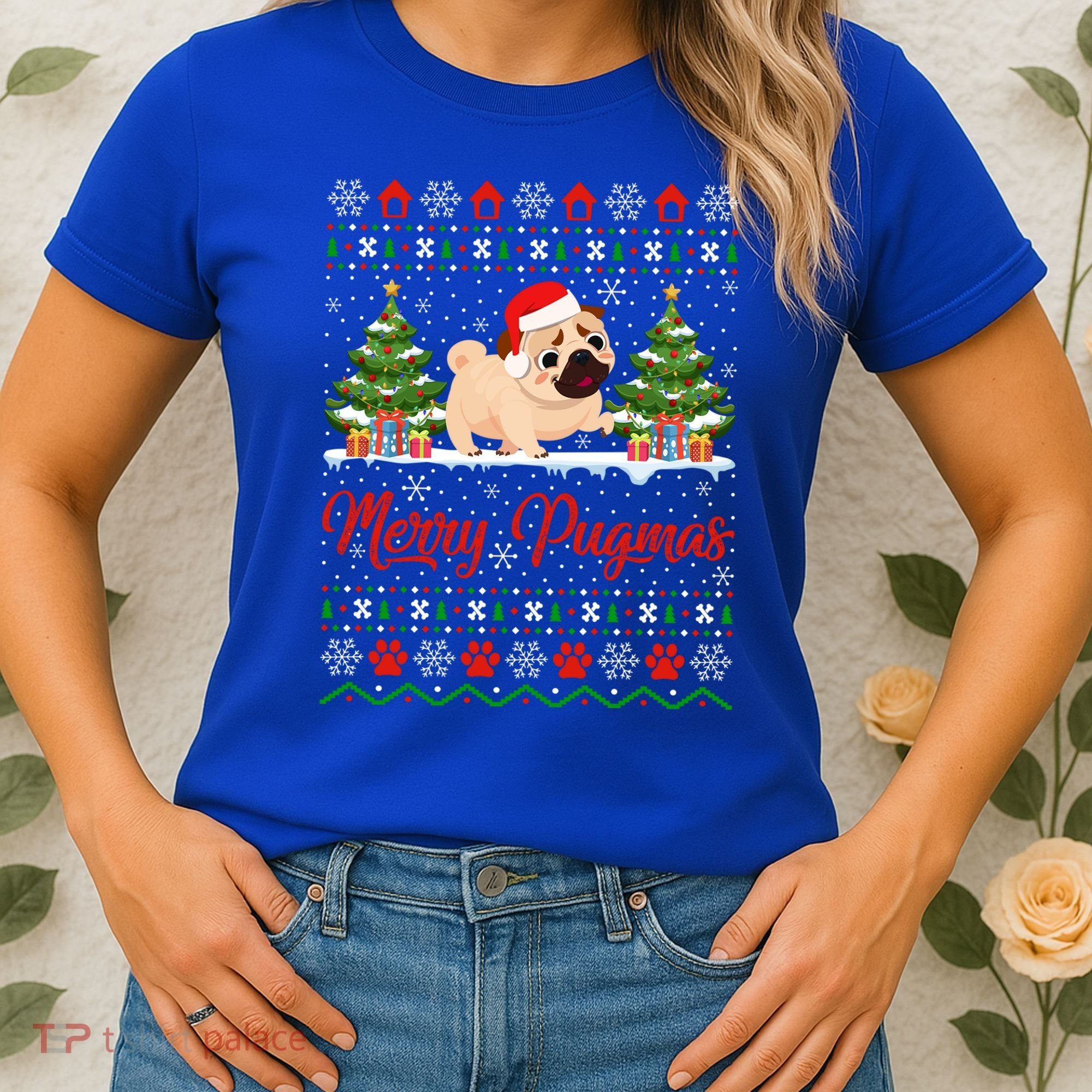 Funny Merry Pugmas Xmas Gift Santa Hat Ugly Pug Christmas Gift Women's T-Shirt