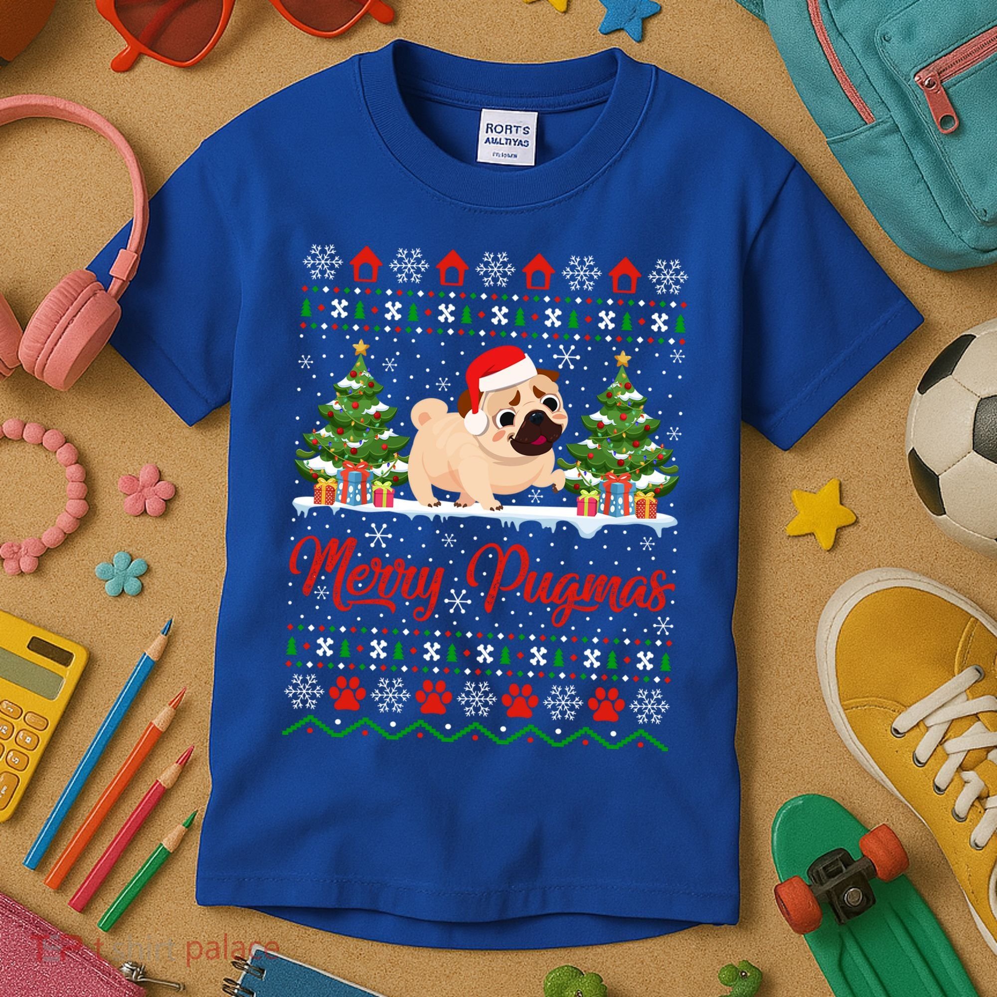 Funny Merry Pugmas Xmas Gift Santa Hat Ugly Pug Christmas Gift Kids T-Shirt
