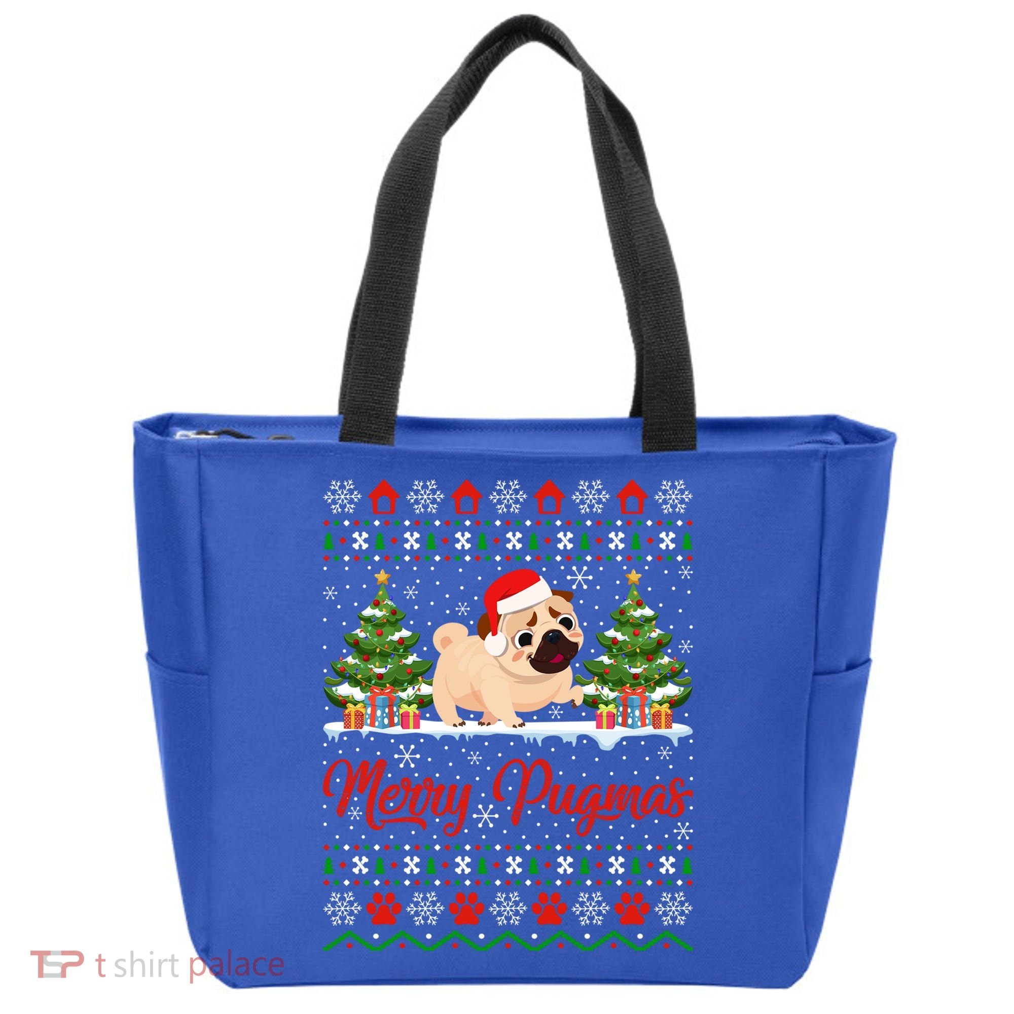 Funny Merry Pugmas Xmas Gift Santa Hat Ugly Pug Christmas Gift Tote Bag