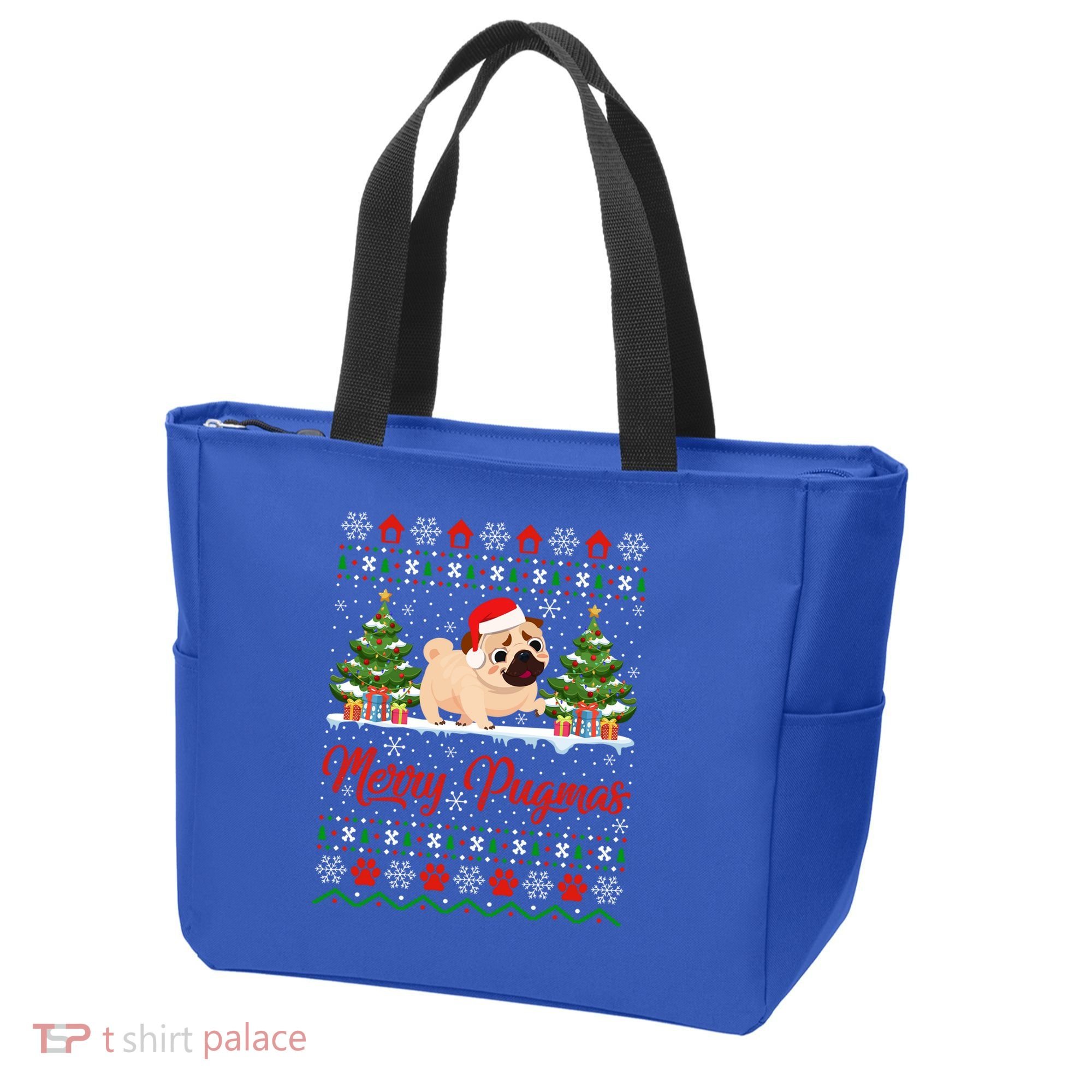 Funny Merry Pugmas Xmas Gift Santa Hat Ugly Pug Christmas Gift Tote Bag