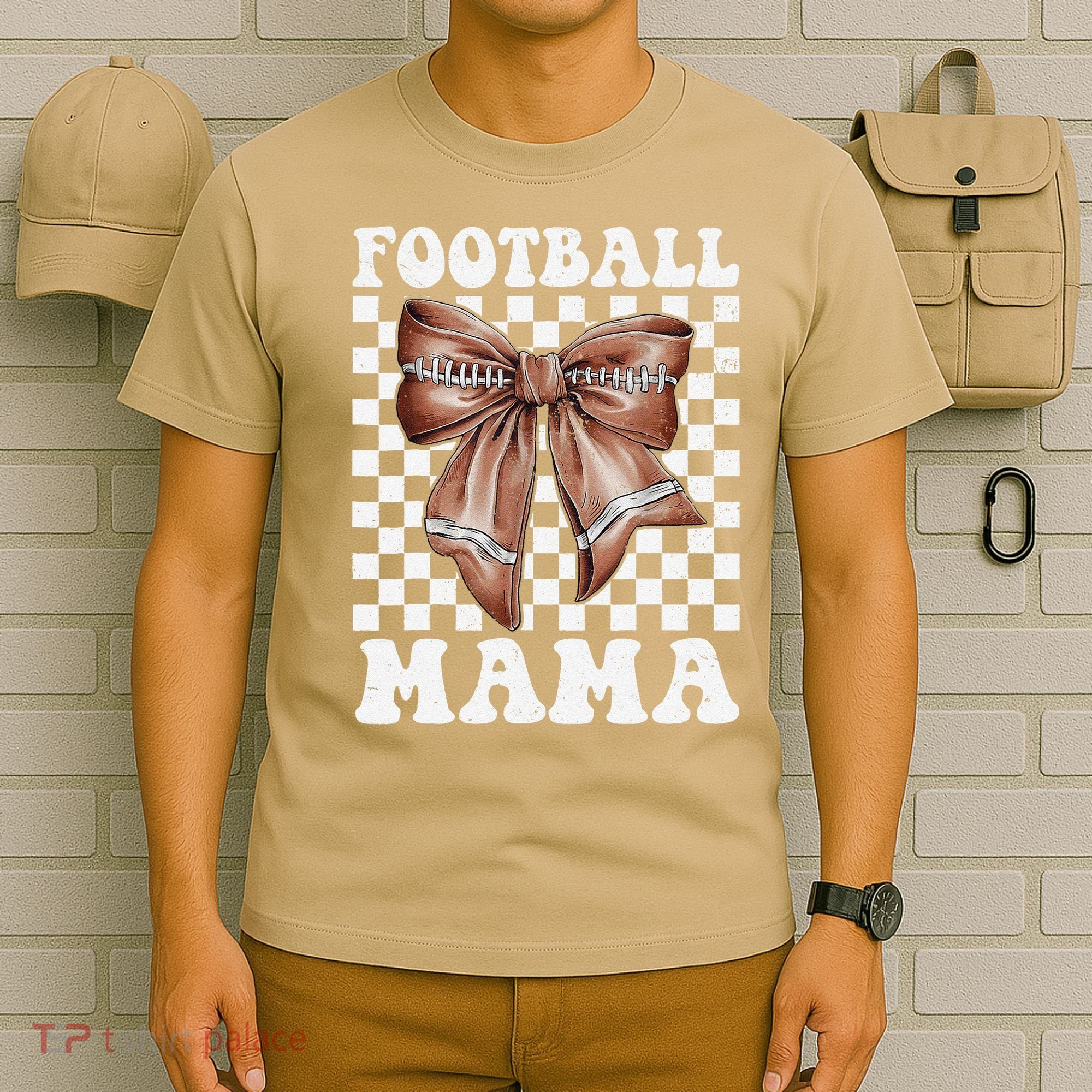 Football Mama Retro Groovy Football Mom Coquette Bow T-Shirt
