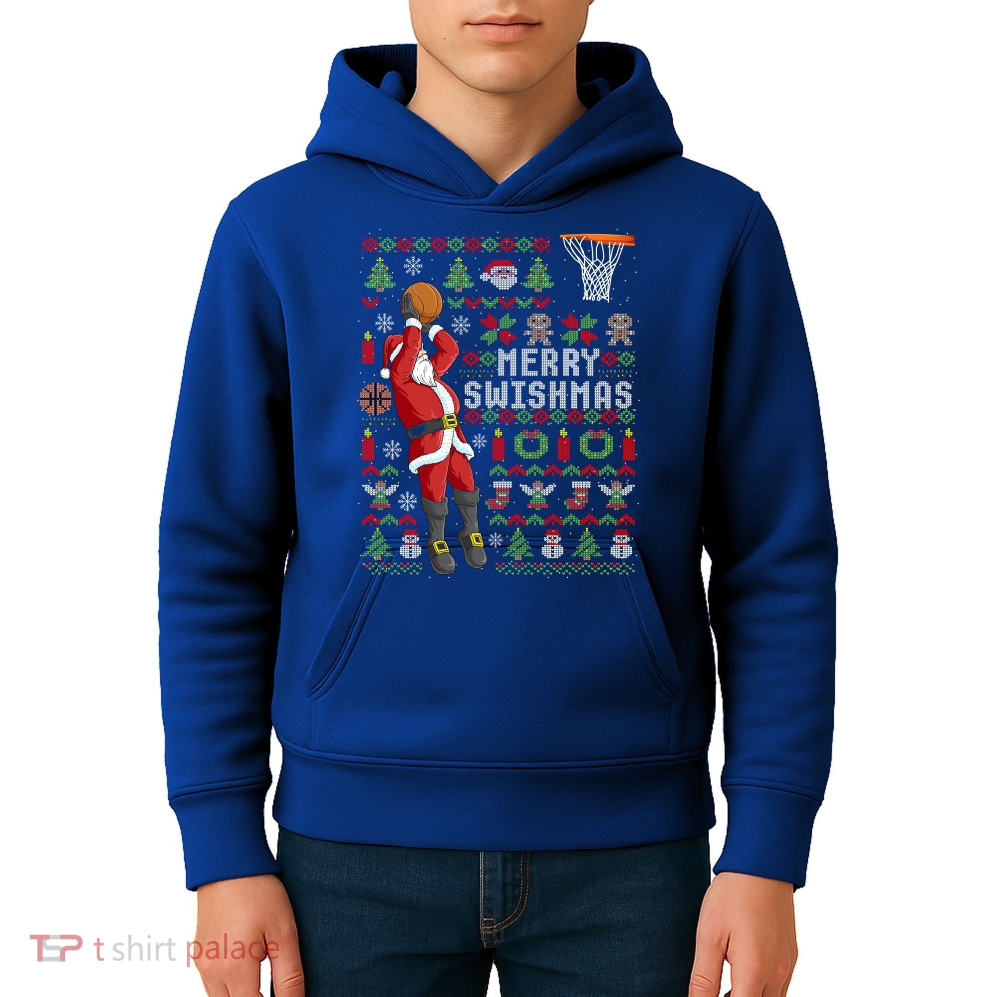 Funny Merry Swishmas Ugly Christmas Basketball Christmas Gift Kids Hoodie