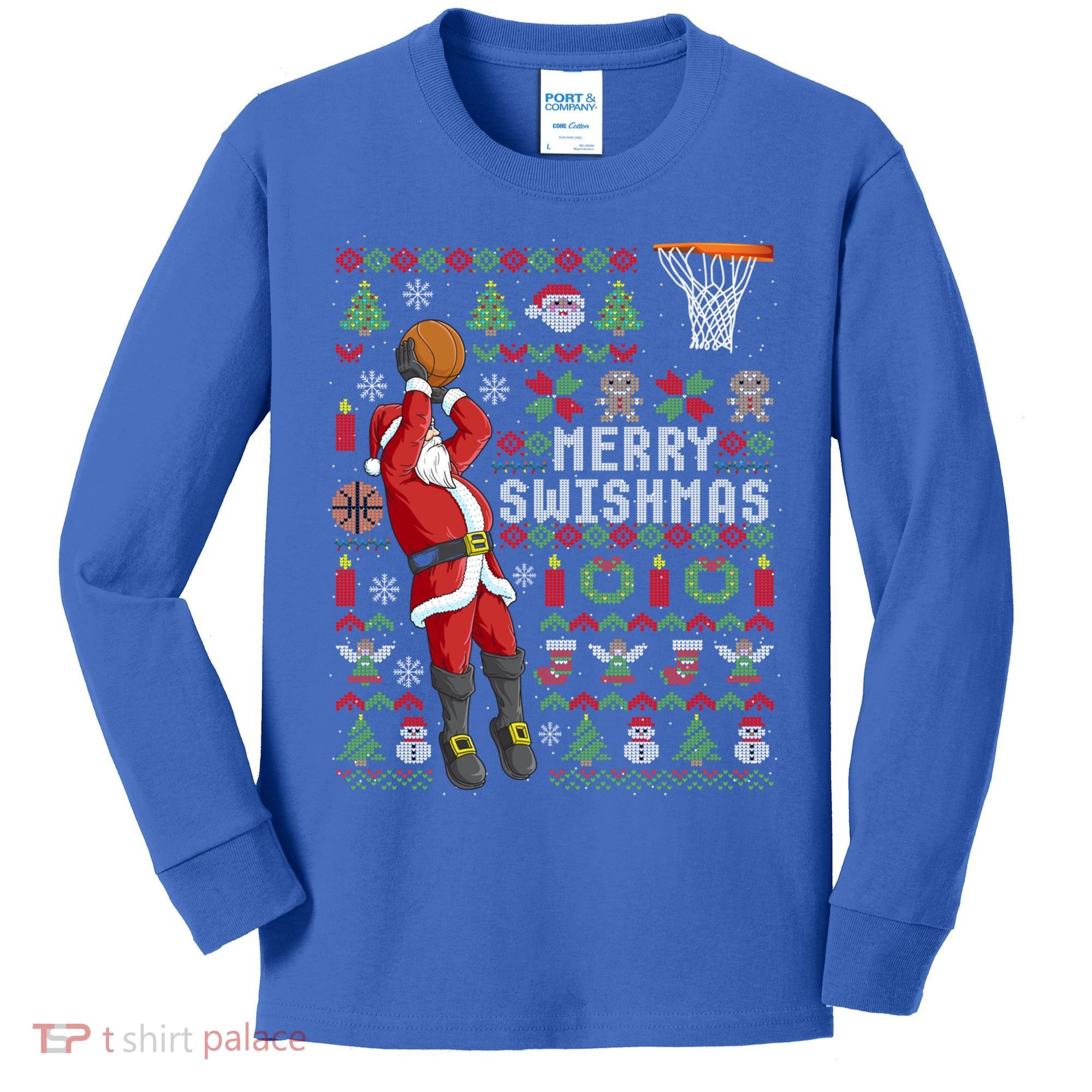 Funny Merry Swishmas Ugly Christmas Basketball Christmas Gift Kids Long Sleeve Shirt