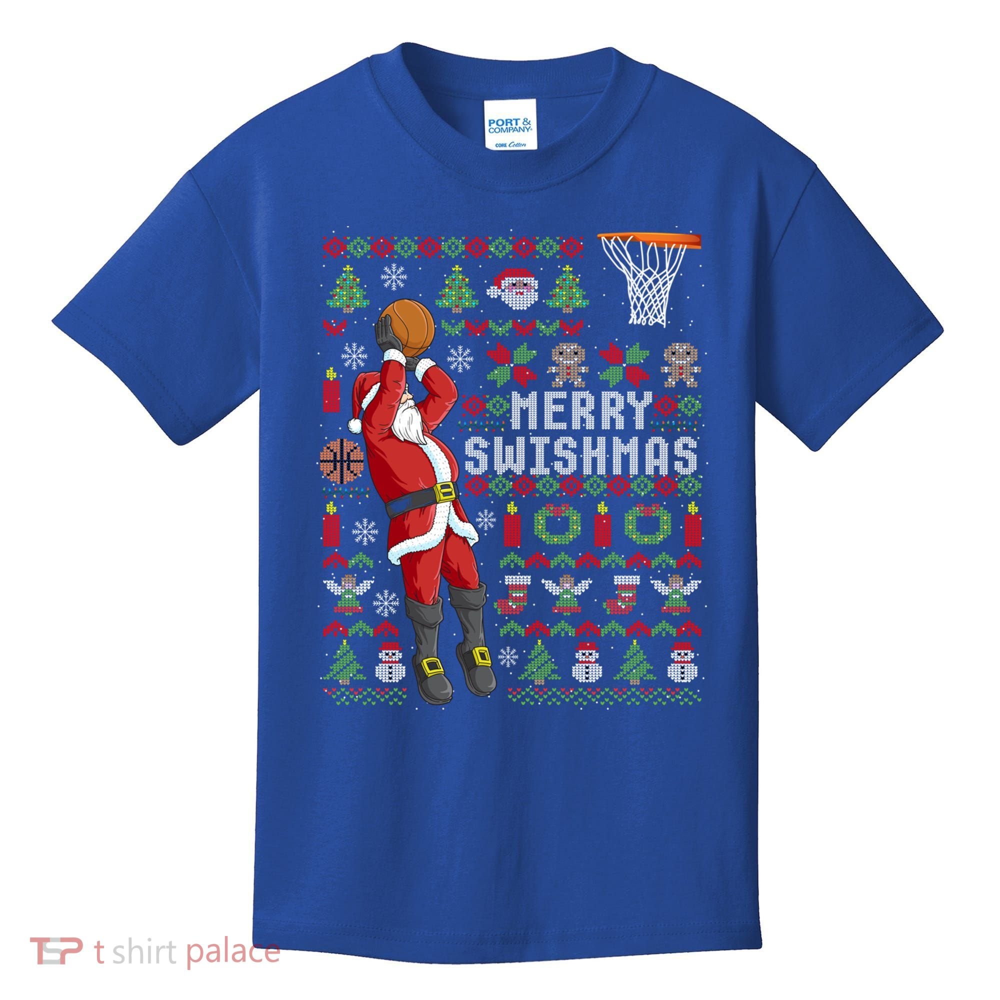 Funny Merry Swishmas Ugly Christmas Basketball Christmas Gift Kids T-Shirt