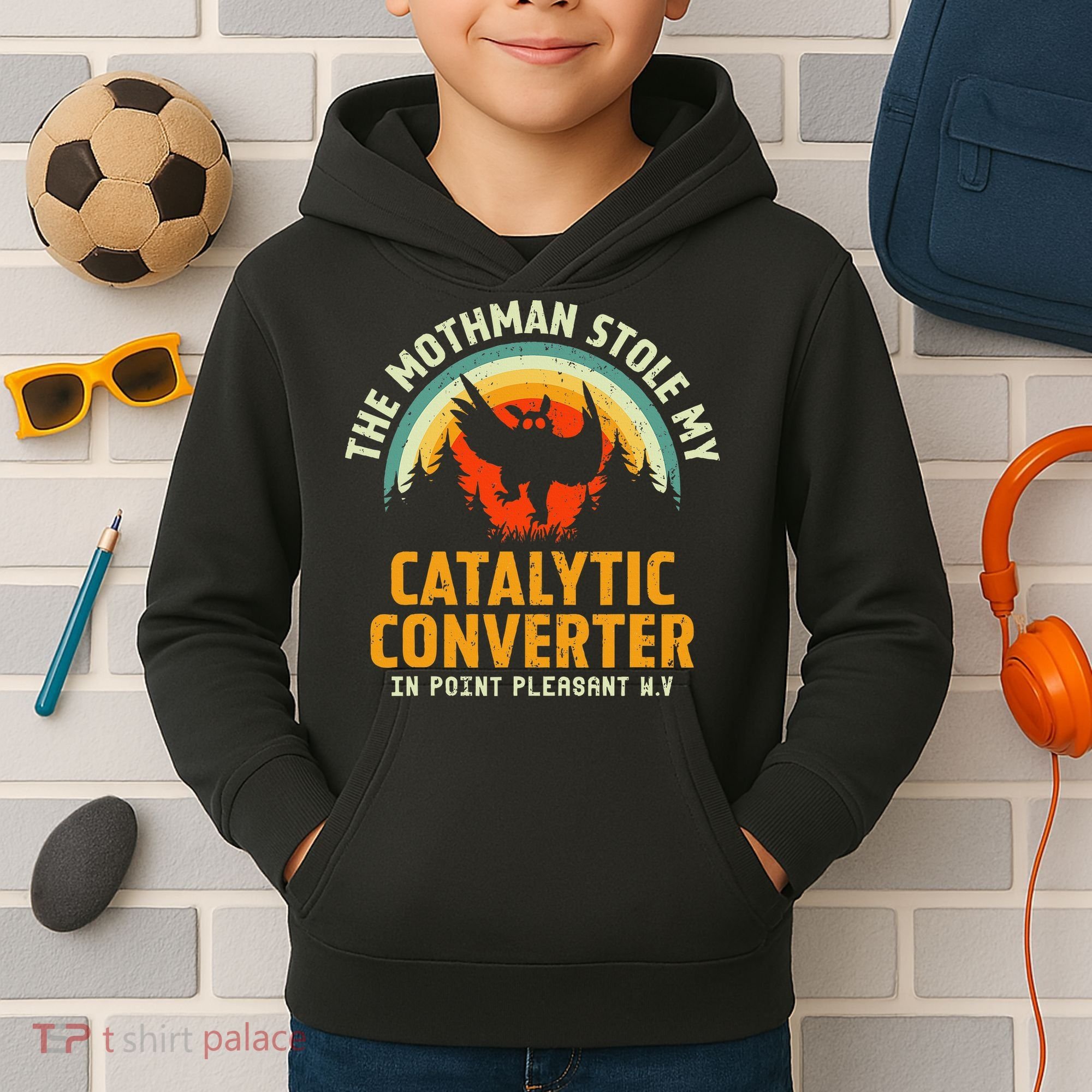 Funny Mothman Stole My Catalytic Converter Mothman Cryptid Kids Hoodie
