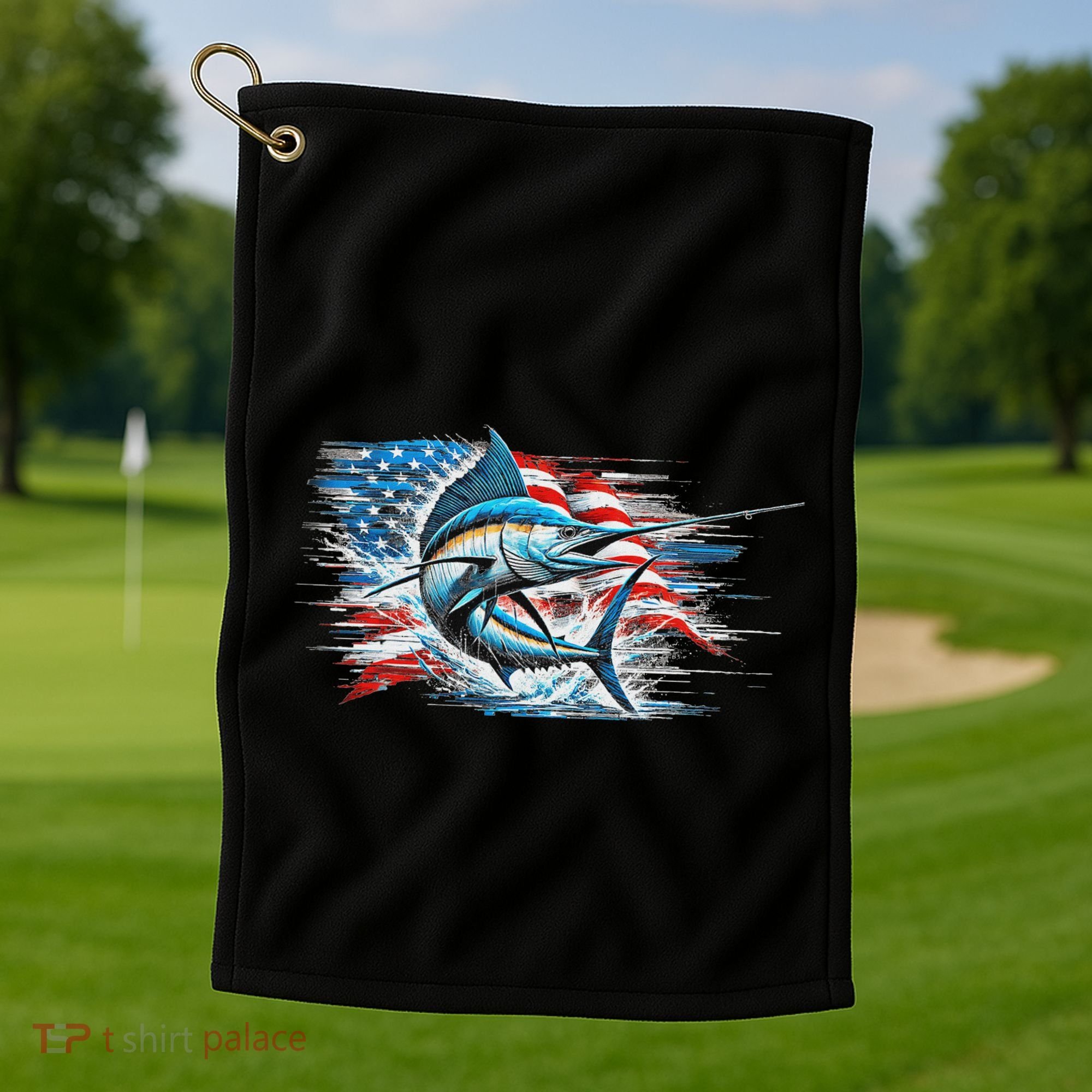 Fishing Marlin Swordfish Fish 4th Of July American Flag Usa Golf Towel